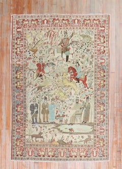 Persian Tabriz Hunting Animal Pictorial Scatter Rug