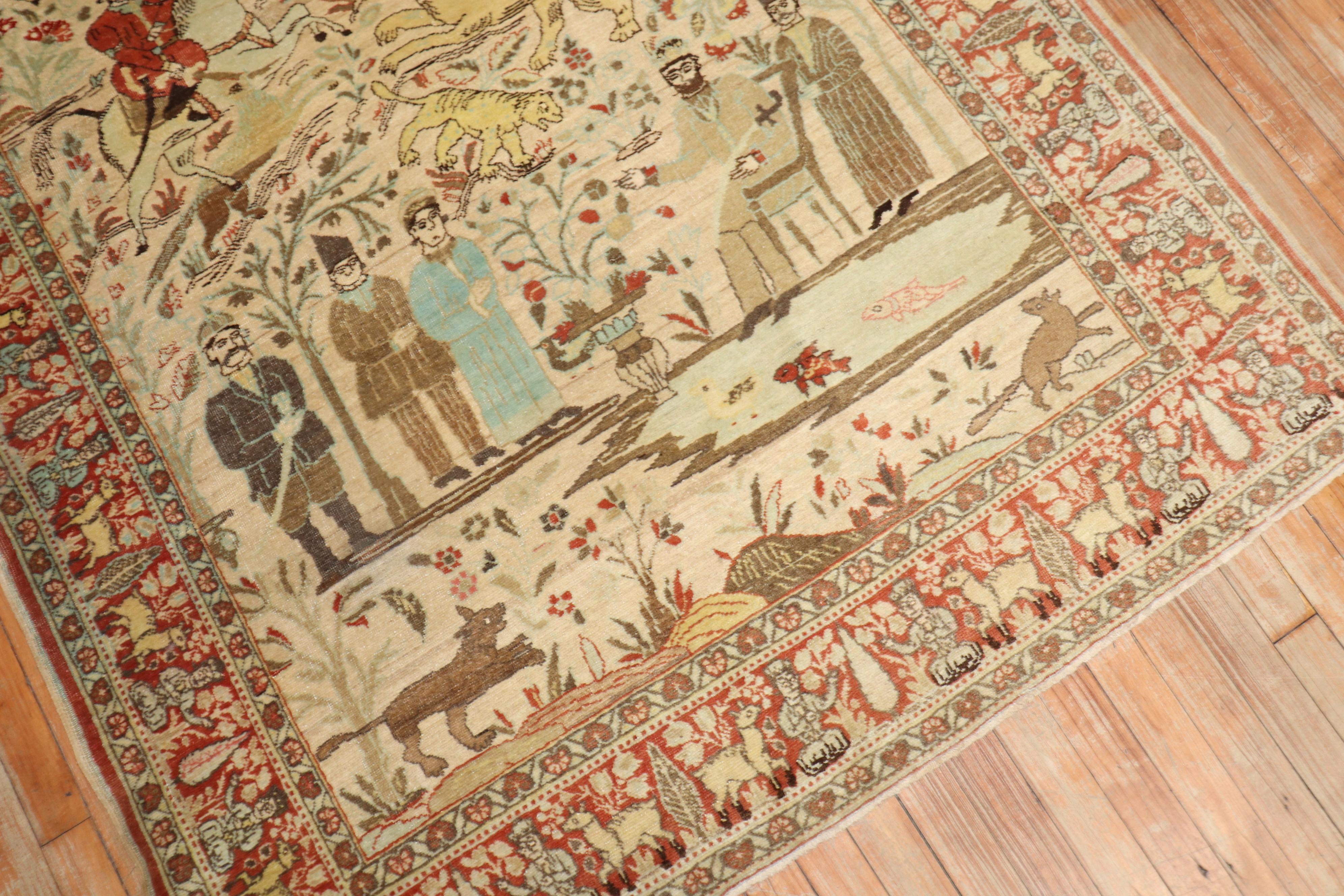 Hand-Knotted Persian Tabriz Hunting Animal Pictorial Scatter Rug For Sale