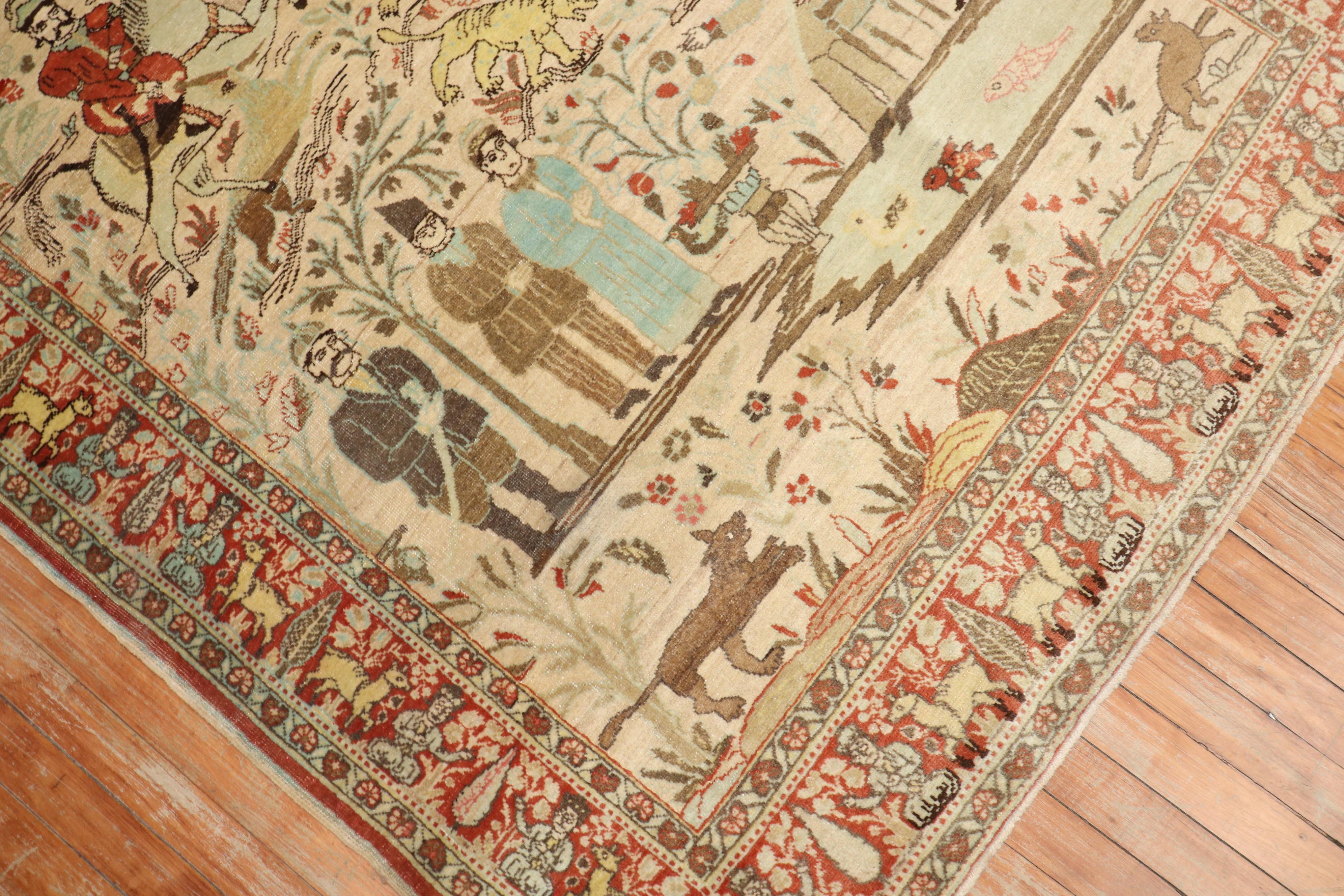 20th Century Persian Tabriz Hunting Animal Pictorial Scatter Rug For Sale