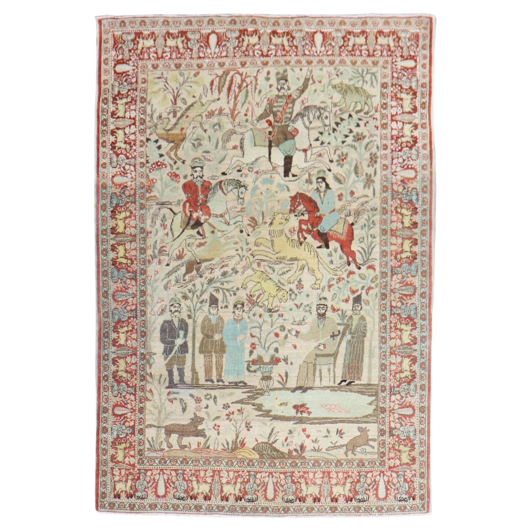 Persian Tabriz Hunting Animal Pictorial Scatter Rug For Sale