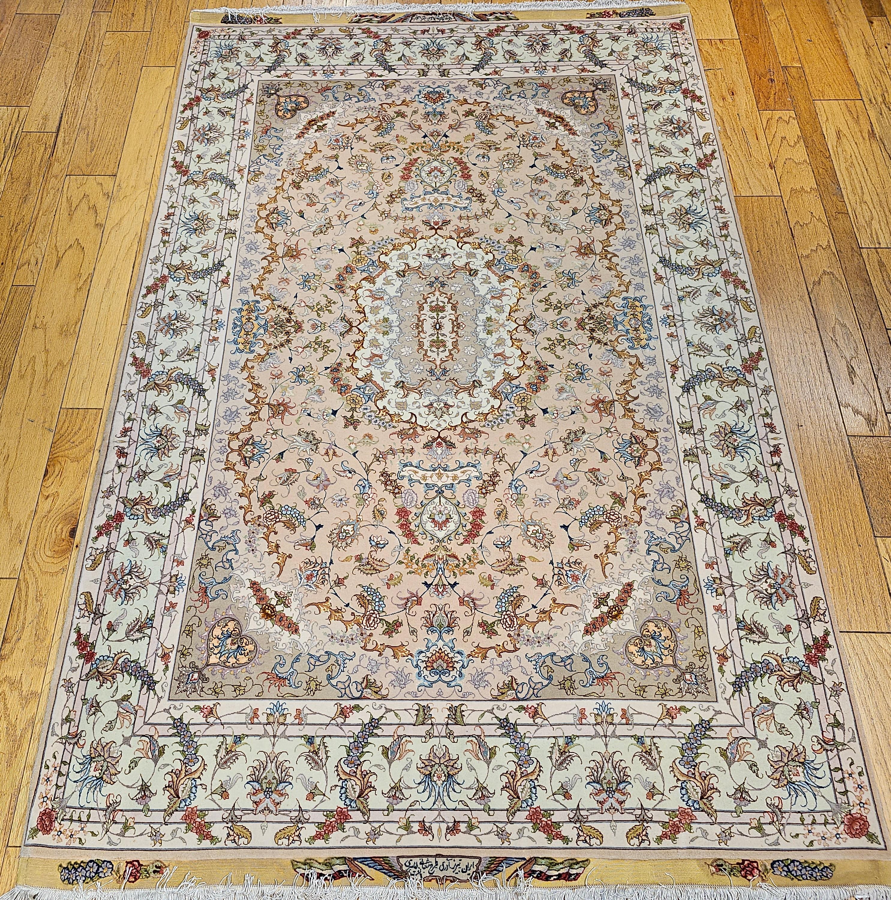Persian Tabriz in Floral Design with Silk in Taupe, Pale Green, Camelhair For Sale 4