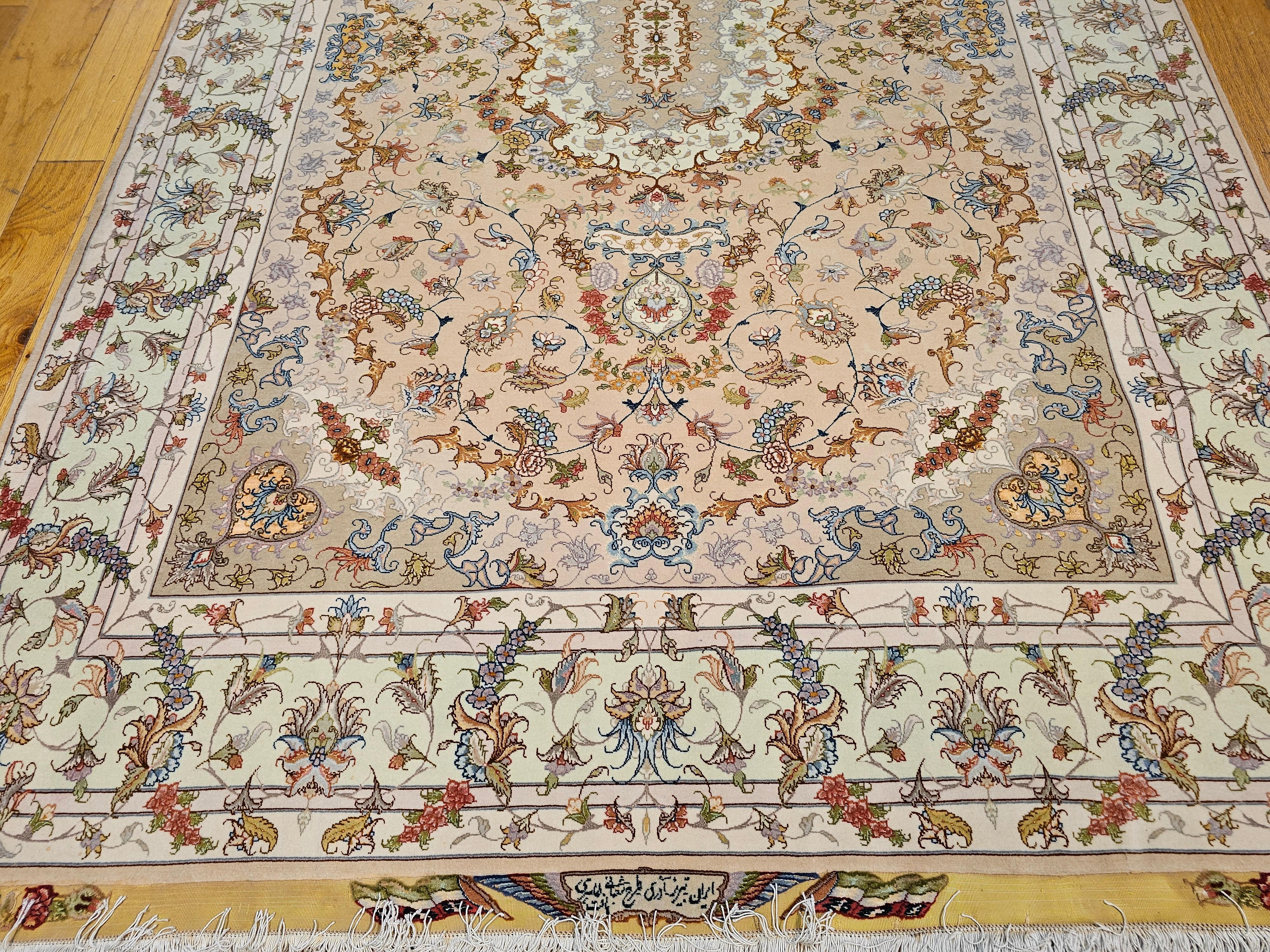 Persian Tabriz in Floral Design with Silk in Taupe, Pale Green, Camelhair For Sale 5