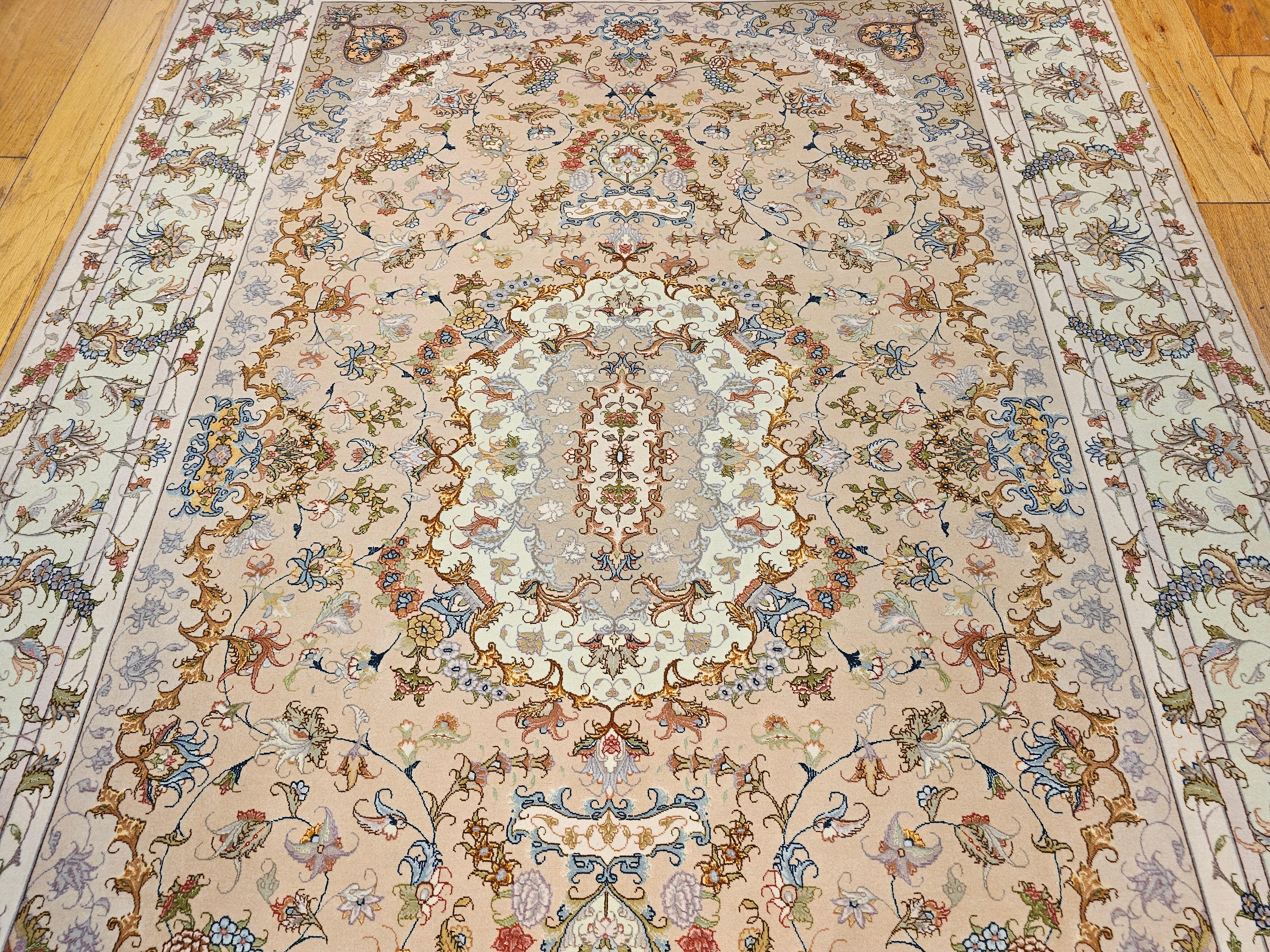 Persian Tabriz in Floral Design with Silk in Taupe, Pale Green, Camelhair For Sale 6