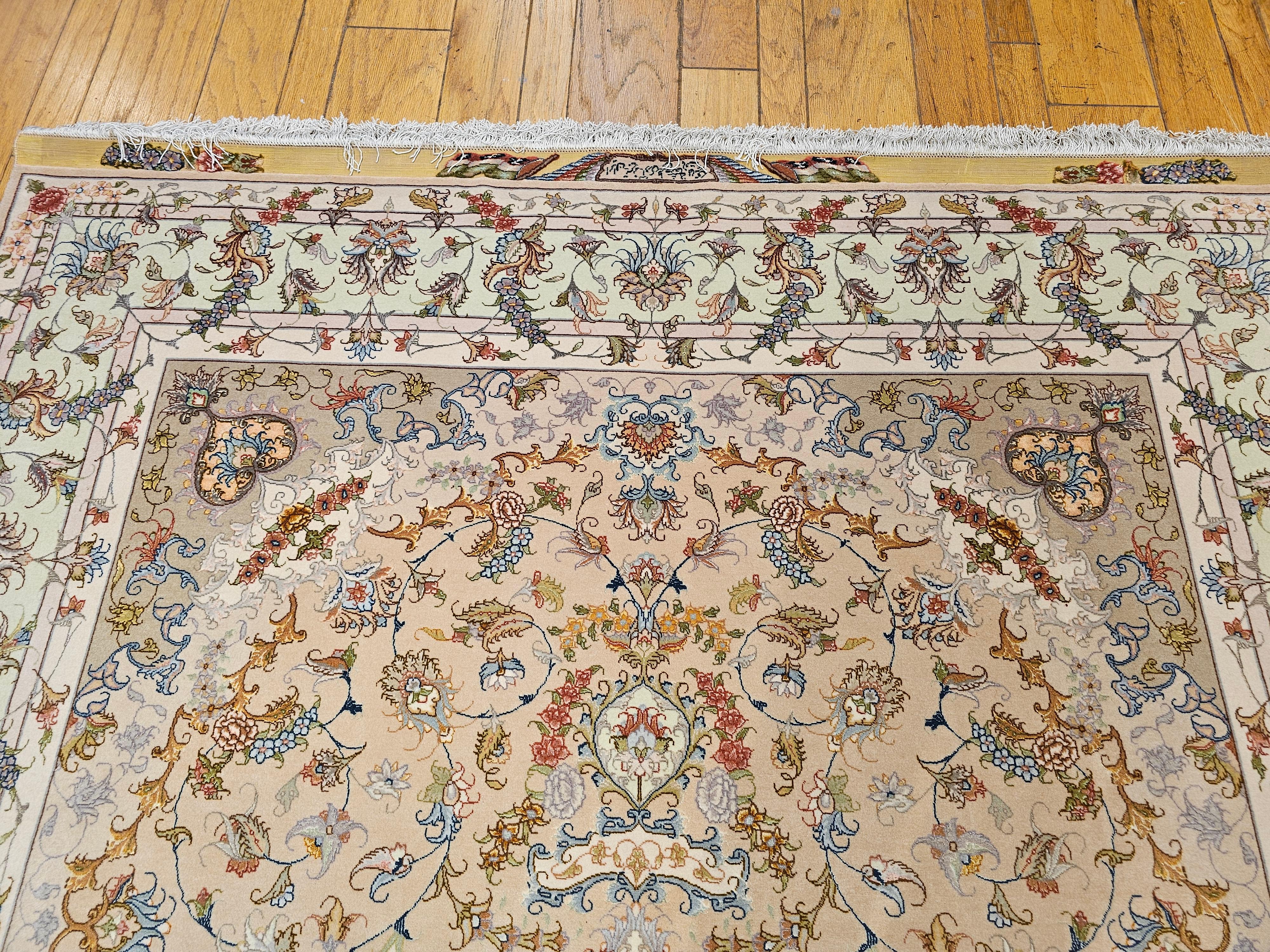 Persian Tabriz in Floral Design with Silk in Taupe, Pale Green, Camelhair For Sale 7