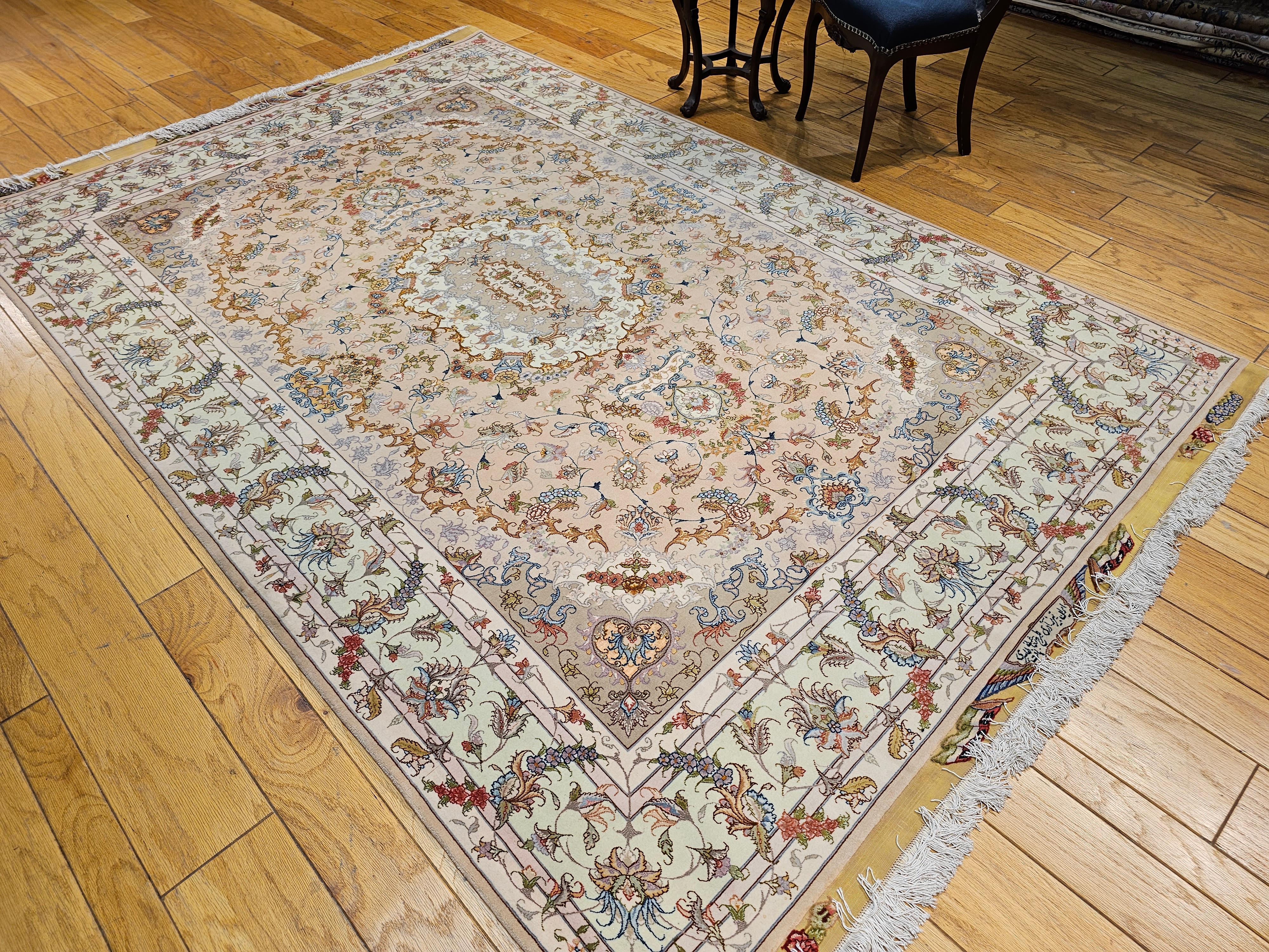 Persian Tabriz in Floral Design with Silk in Taupe, Pale Green, Camelhair For Sale 9