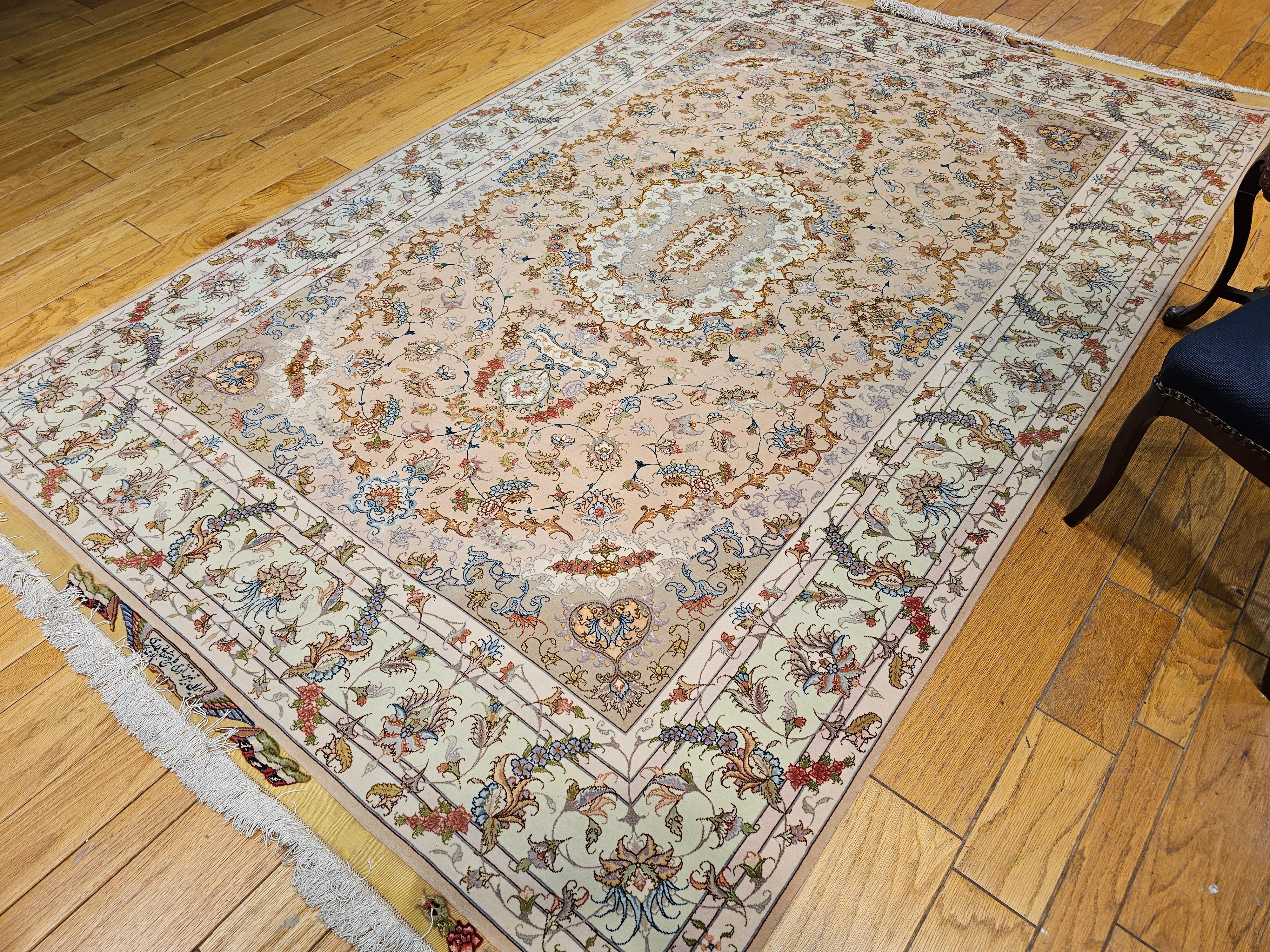 Persian Tabriz in Floral Design with Silk in Taupe, Pale Green, Camelhair For Sale 10