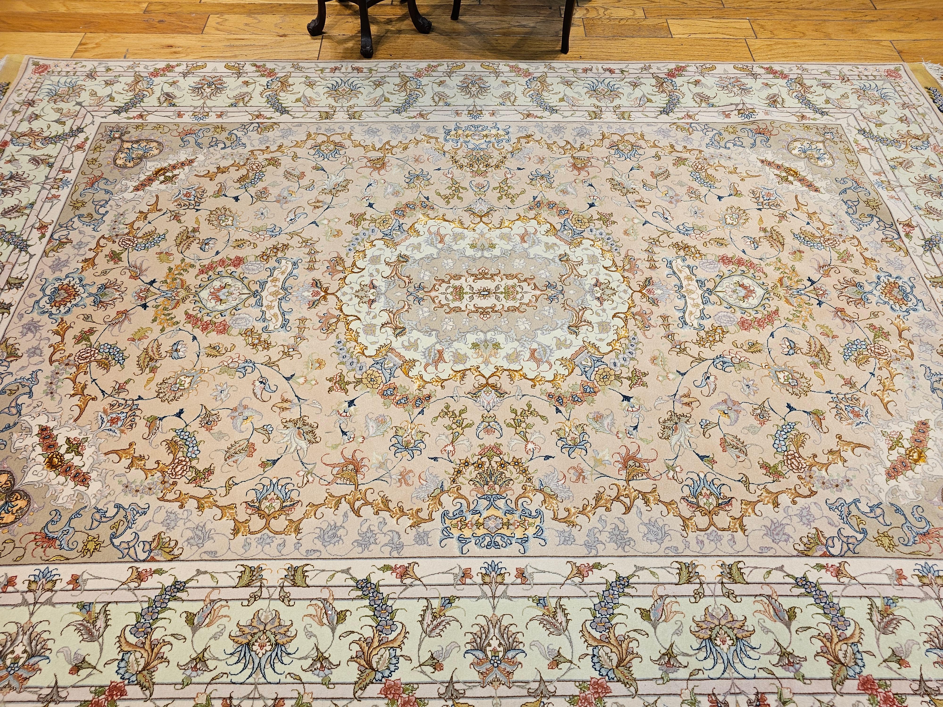 Persian Tabriz in Floral Design with Silk in Taupe, Pale Green, Camelhair For Sale 11