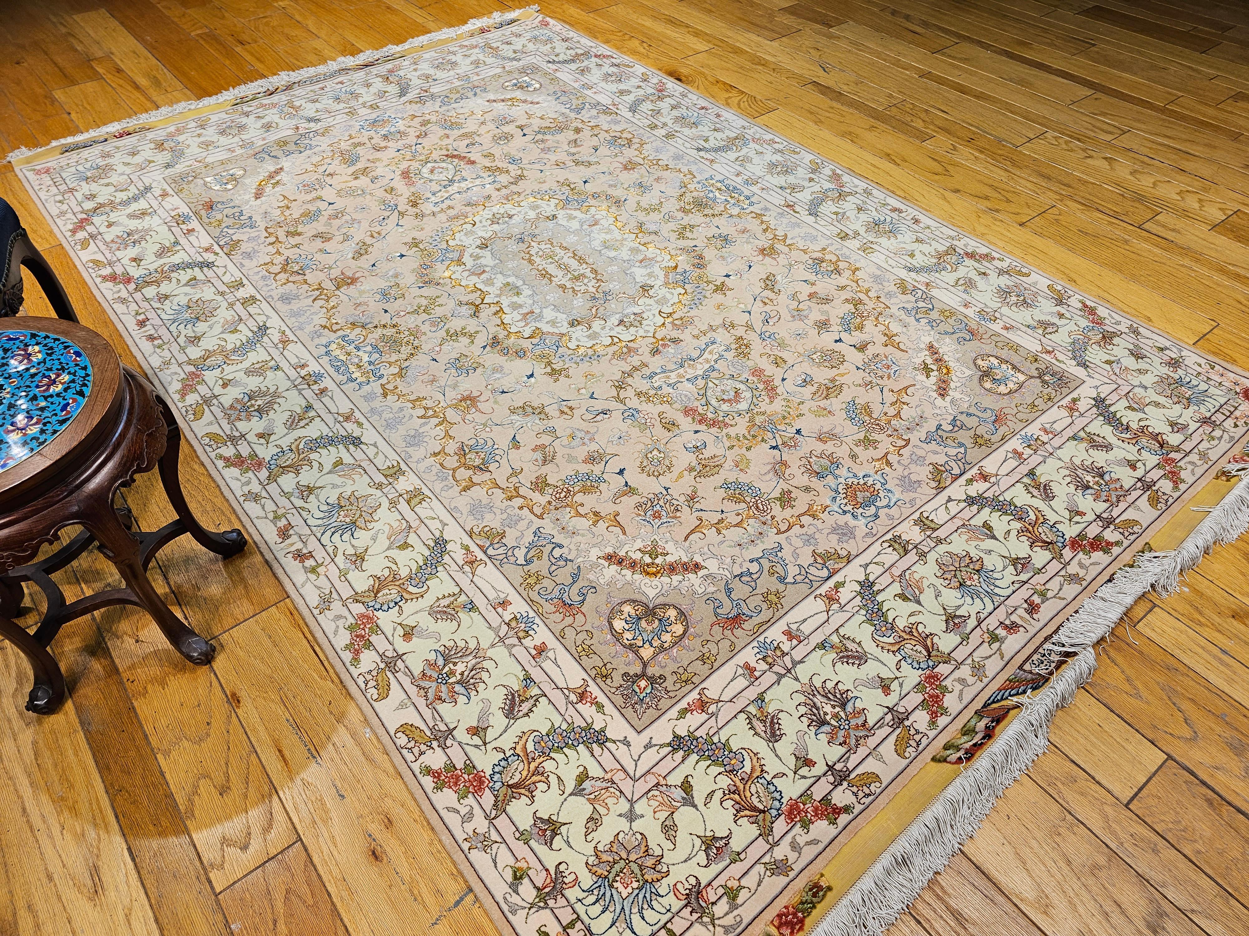 Persian Tabriz in Floral Design with Silk in Taupe, Pale Green, Camelhair For Sale 12