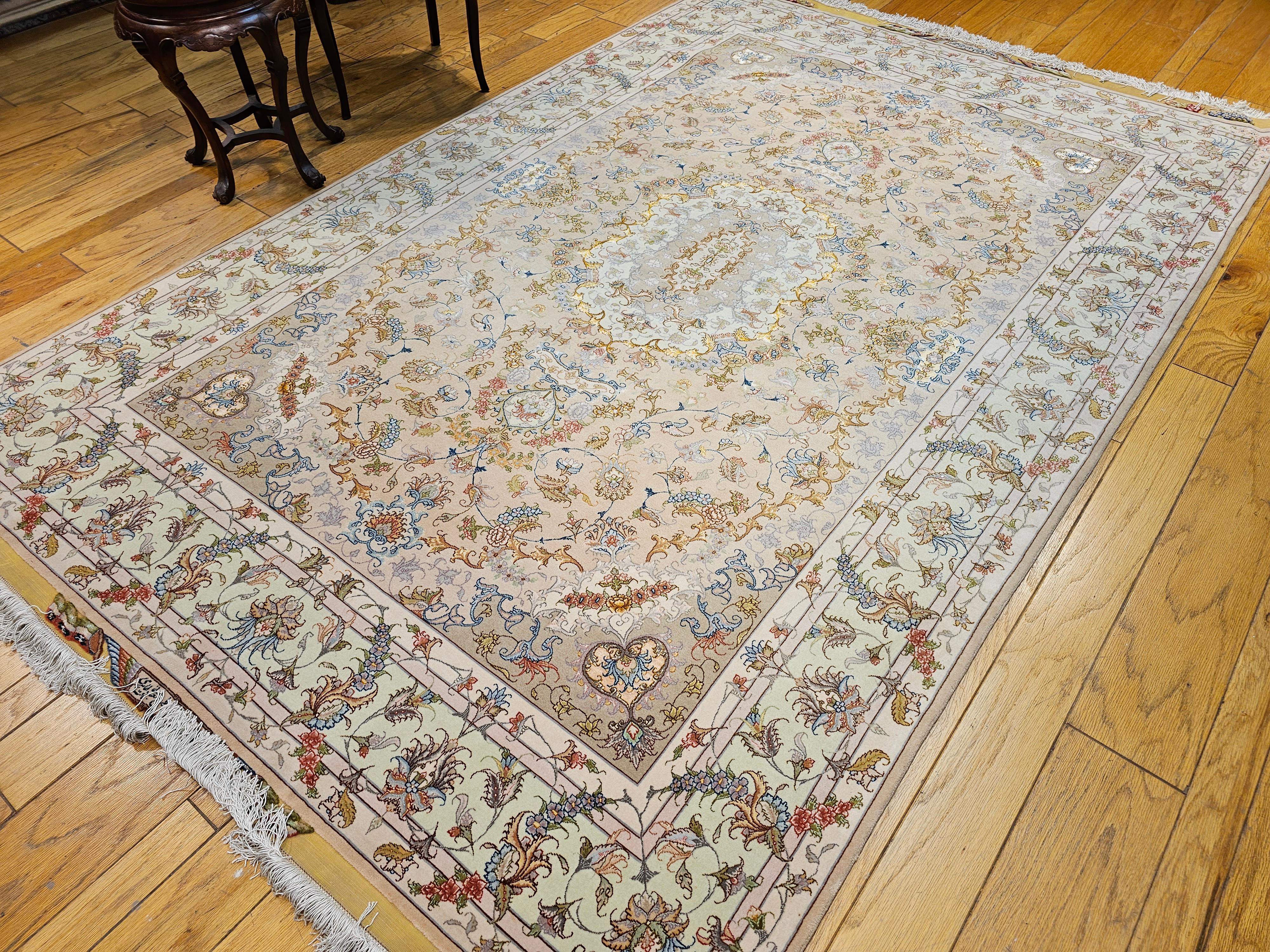 Persian Tabriz in Floral Design with Silk in Taupe, Pale Green, Camelhair For Sale 13