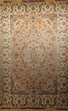Persian Tabriz Rug in Floral Design with Silk Highlights in Taupe, Pale Green