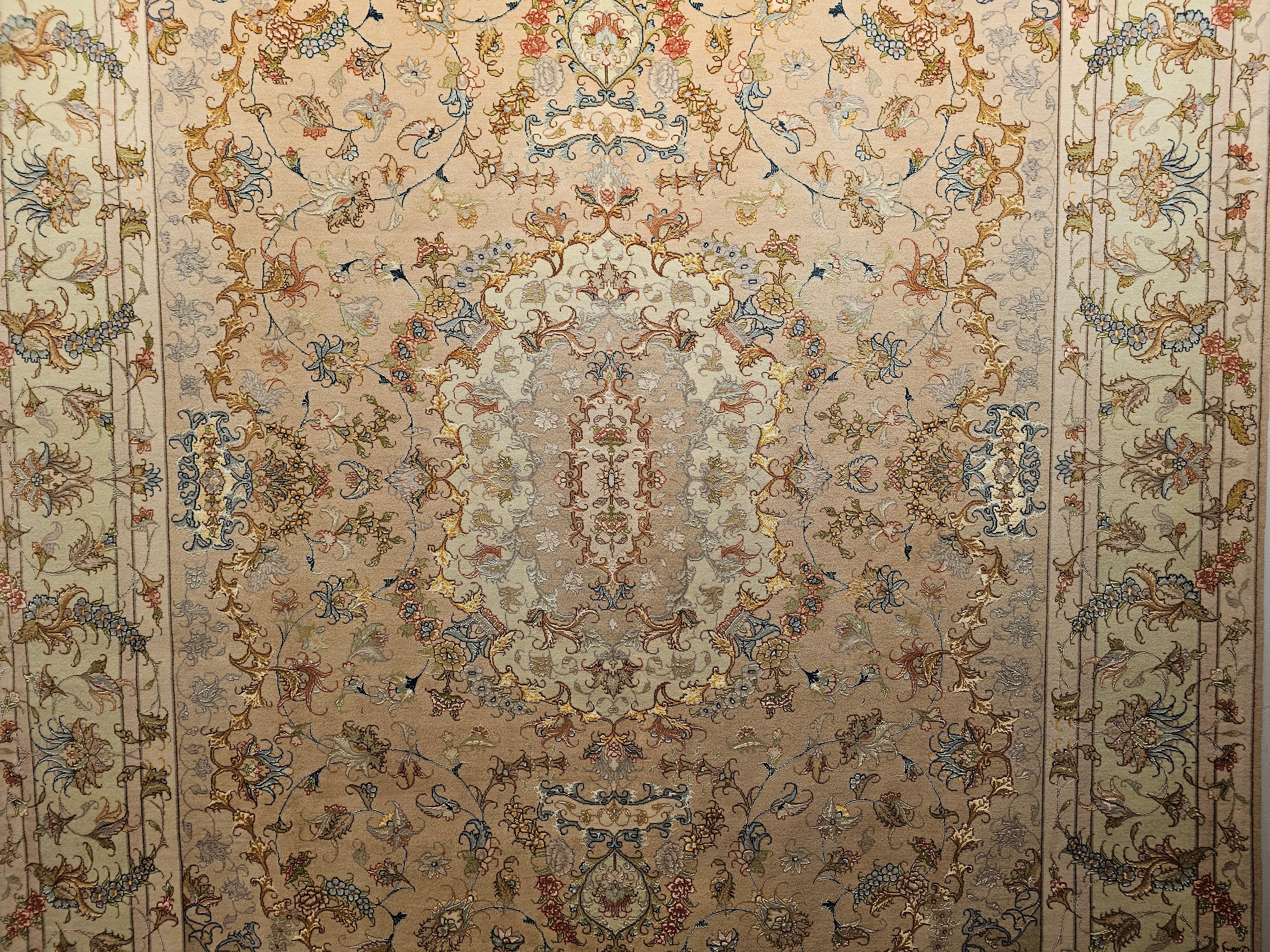 Hand-Knotted Persian Tabriz in Floral Design with Silk in Taupe, Pale Green, Camelhair For Sale