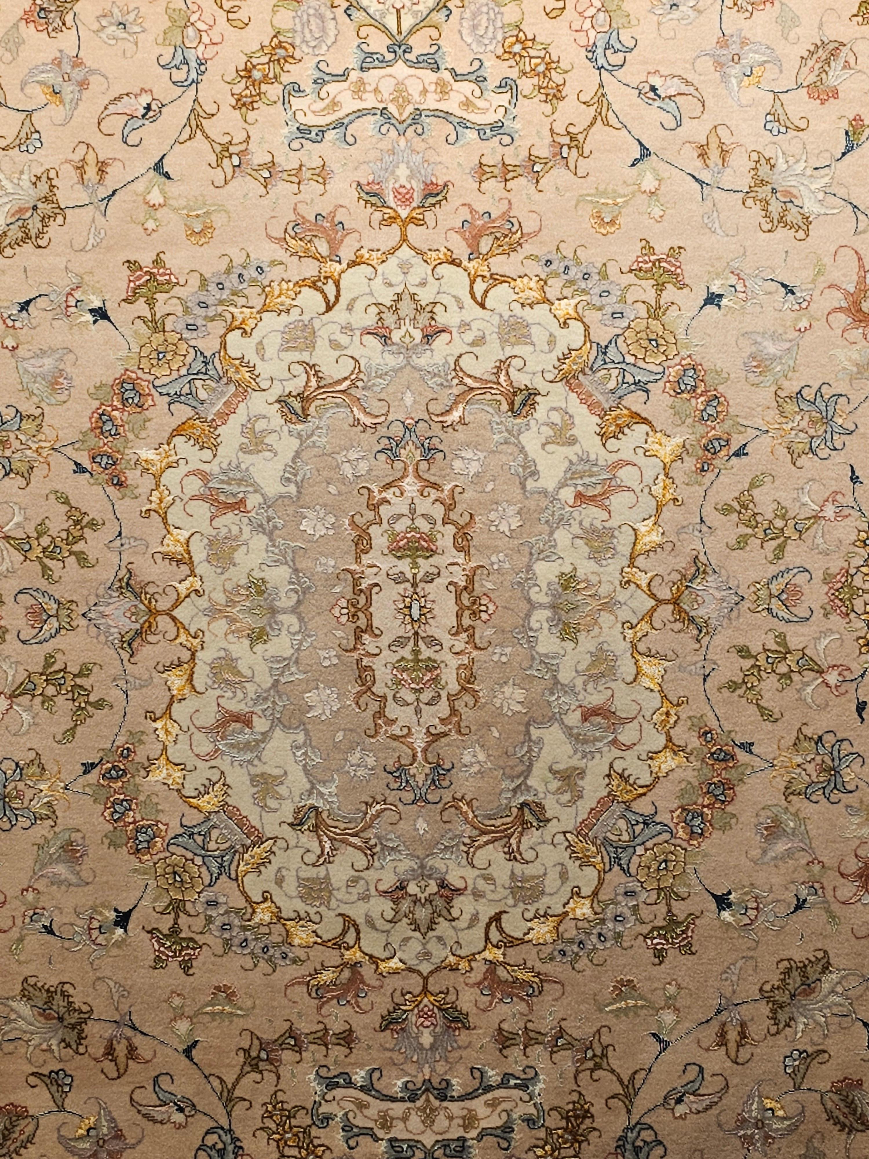 Persian Tabriz in Floral Design with Silk in Taupe, Pale Green, Camelhair In Excellent Condition For Sale In Barrington, IL