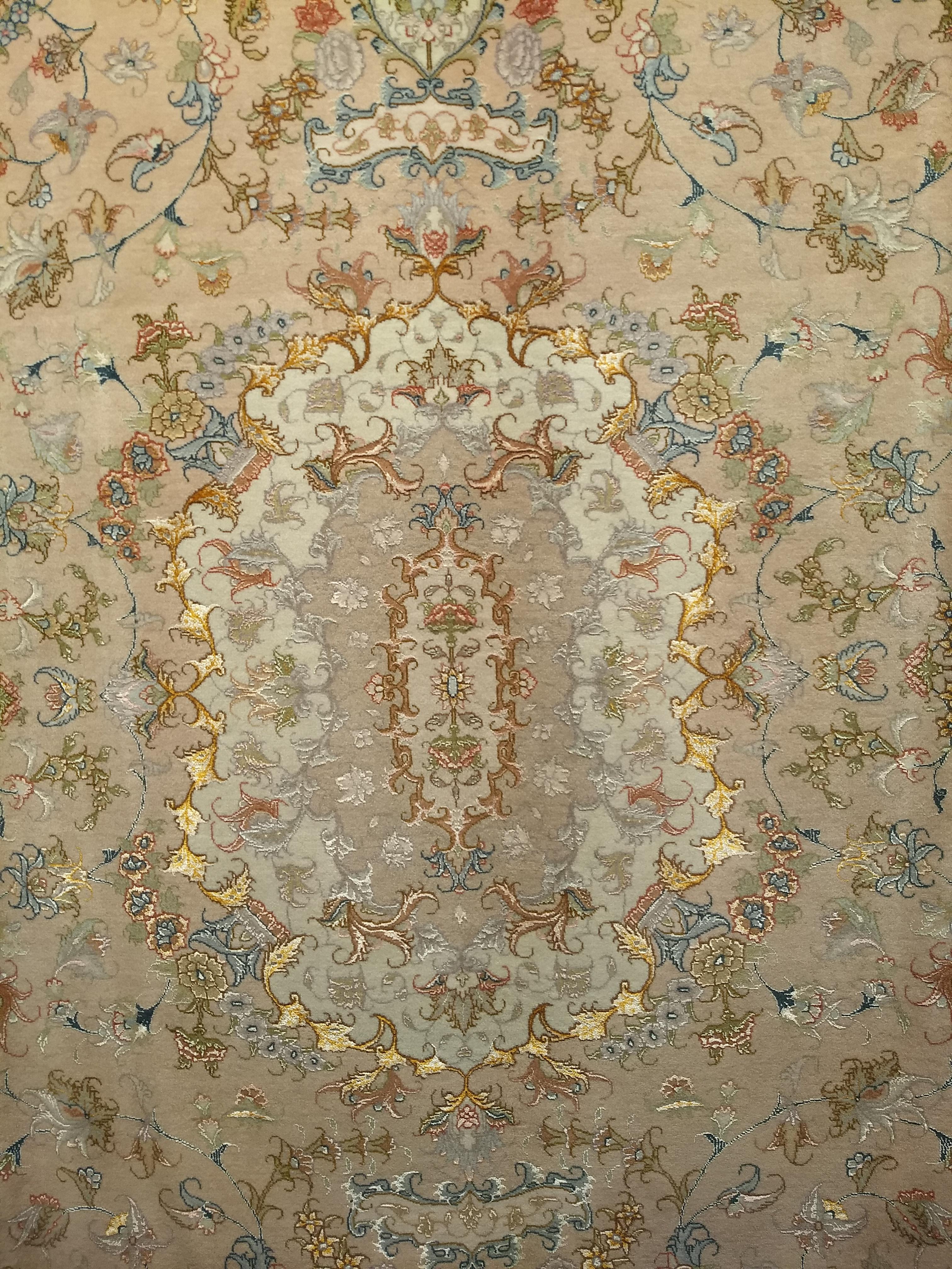 20th Century Persian Tabriz in Floral Design with Silk in Taupe, Pale Green, Camelhair For Sale