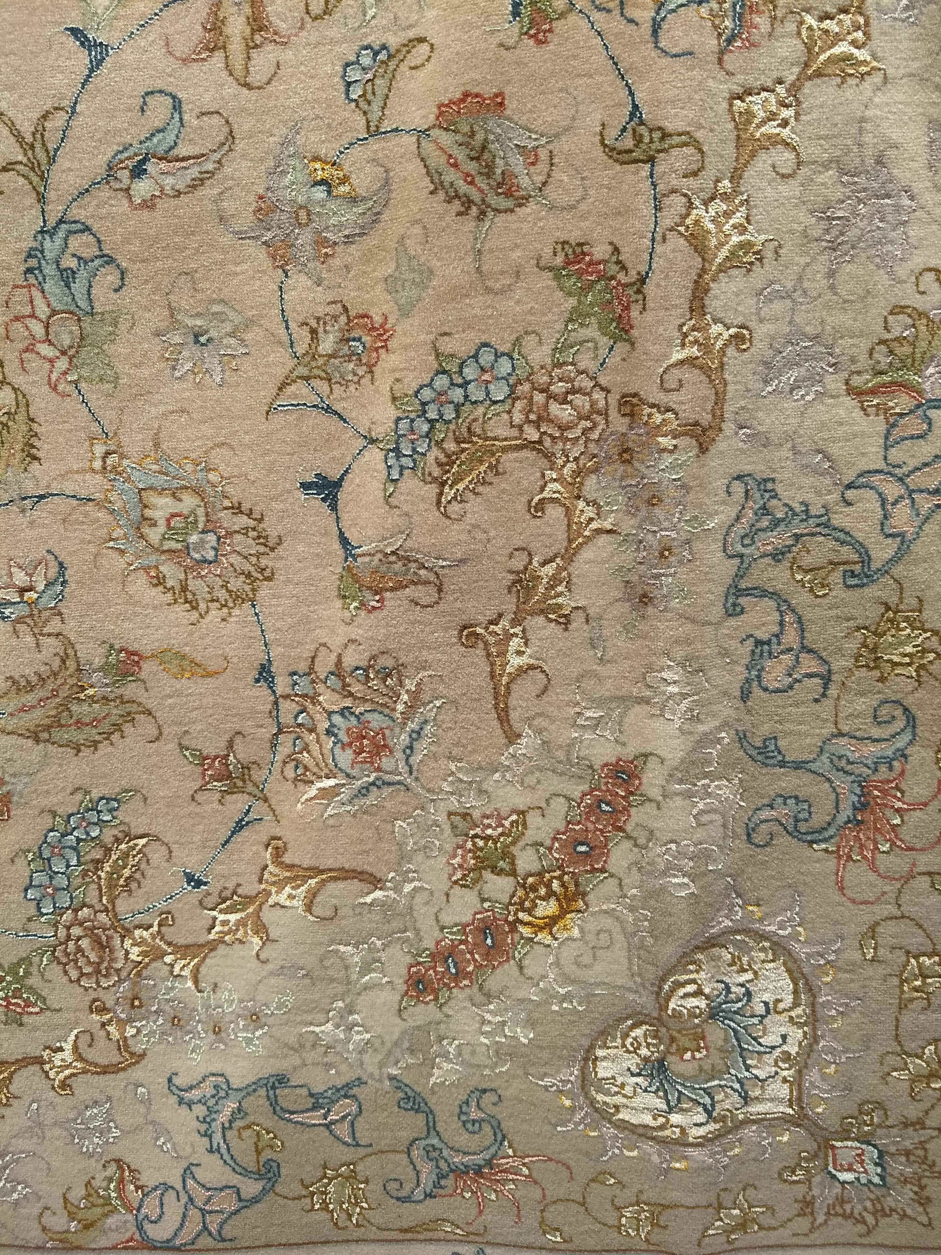 Persian Tabriz in Floral Design with Silk in Taupe, Pale Green, Camelhair For Sale 1