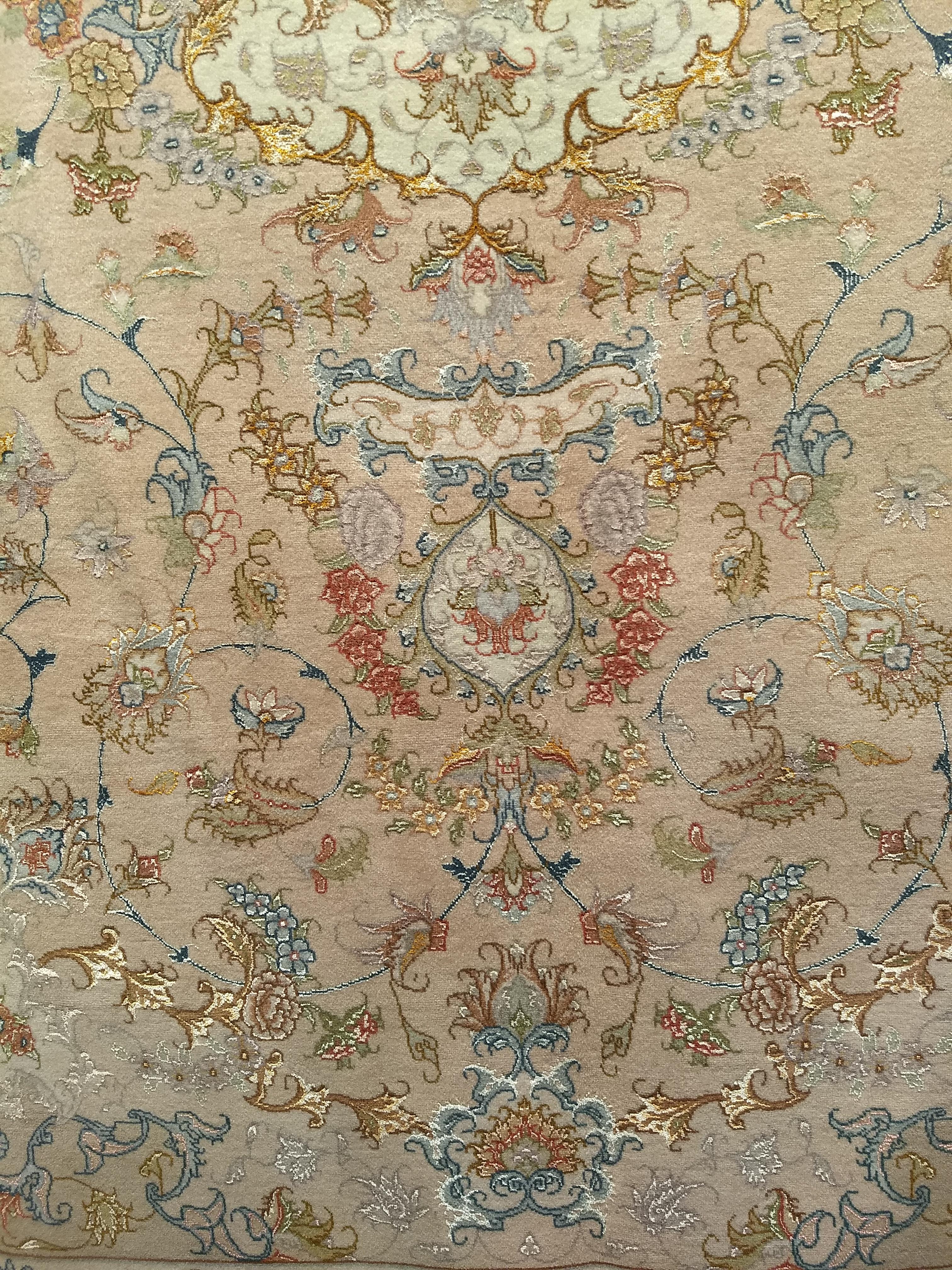 Persian Tabriz in Floral Design with Silk in Taupe, Pale Green, Camelhair For Sale 2