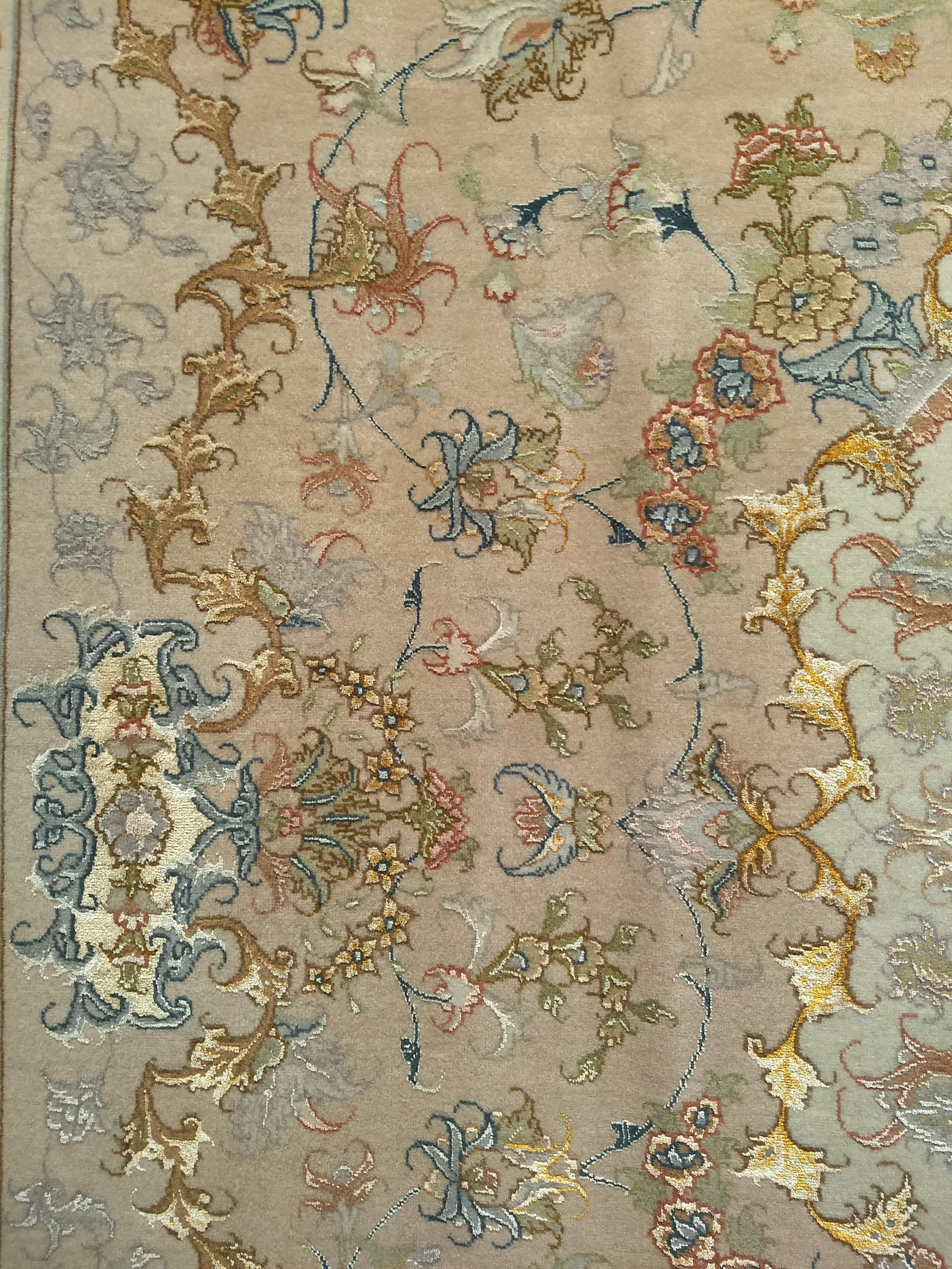 Persian Tabriz in Floral Design with Silk in Taupe, Pale Green, Camelhair For Sale 3