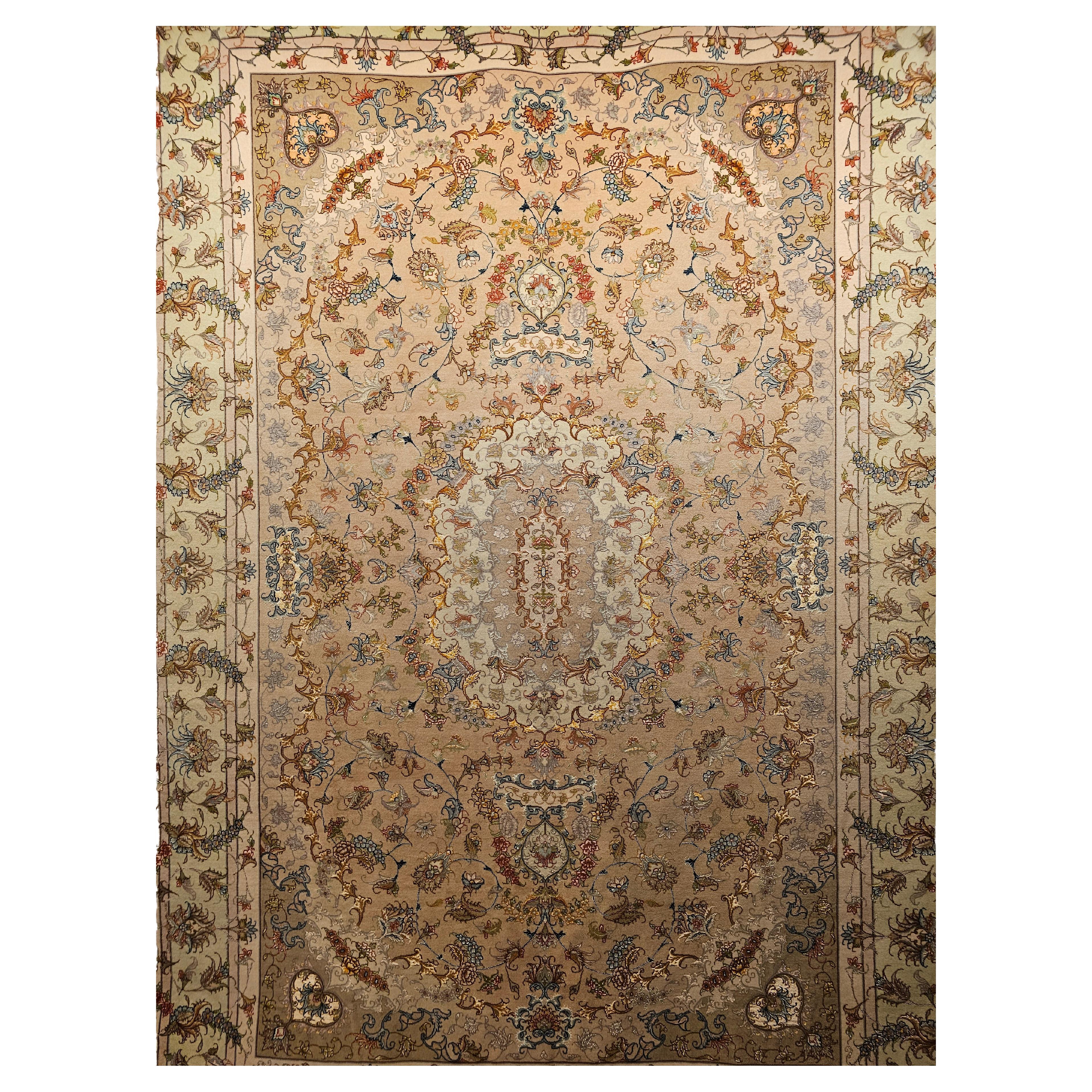 Persian Tabriz in Floral Design with Silk in Taupe, Pale Green, Camelhair For Sale