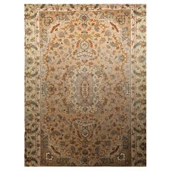 Persian Tabriz Rug in Floral Design with Silk Highlights in Taupe, Pale Green