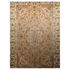 Vintage Persian Tabriz in Floral Design with Silk in Taupe, Pale Green, Camelhair