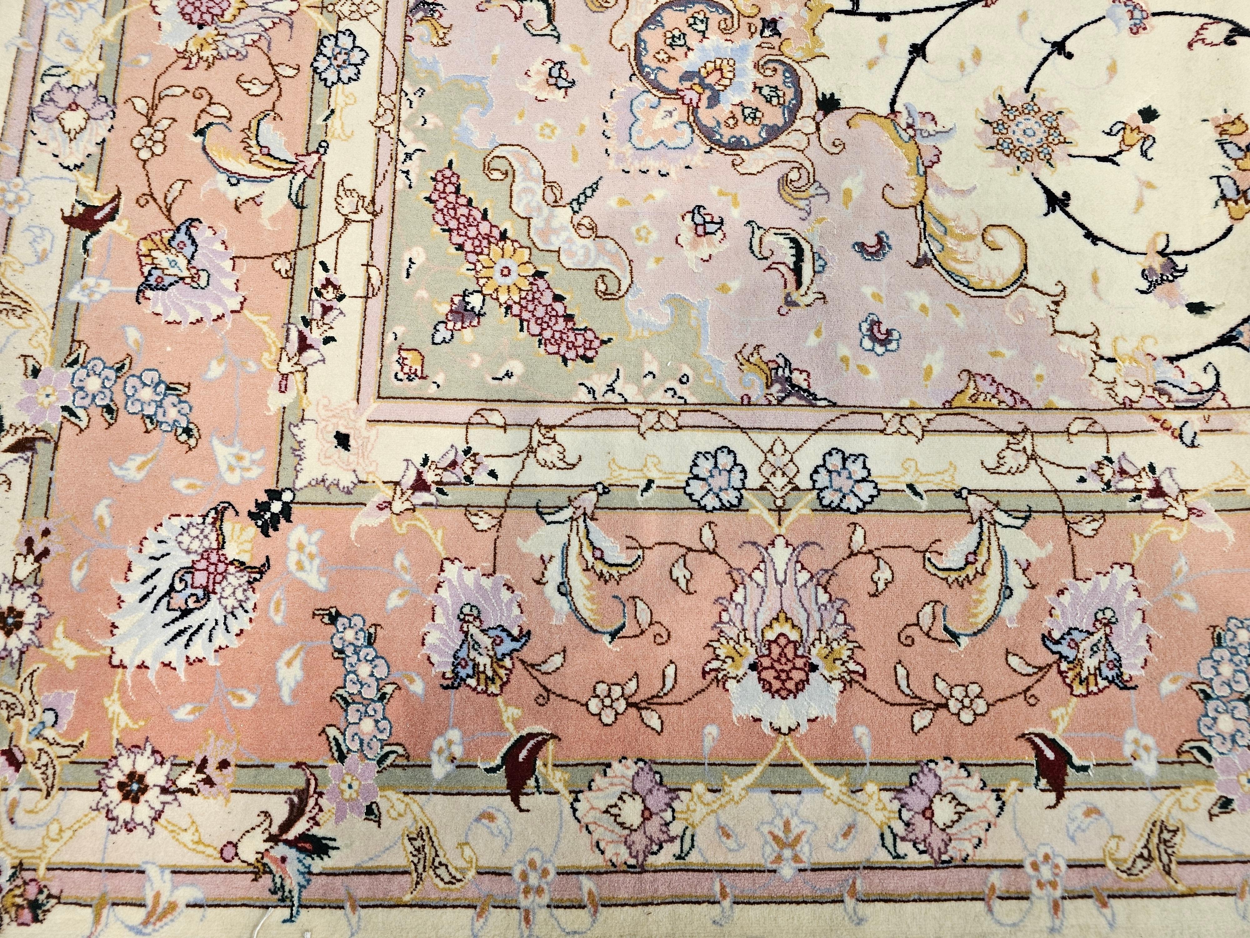 Persian Tabriz in Floral Pattern in Ivory, Pale Pink, Green, Baby Blue, Red For Sale 4