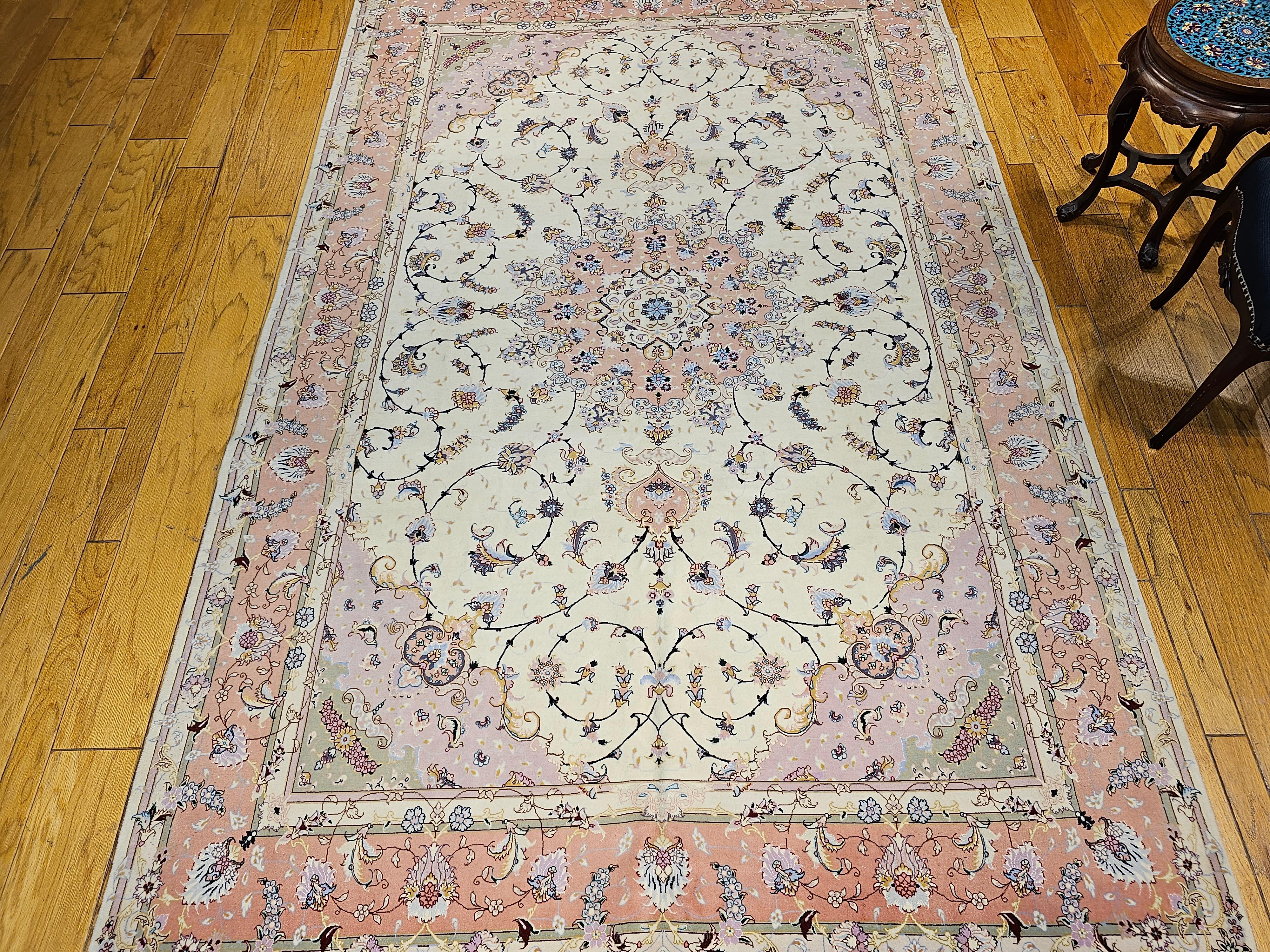 Persian Tabriz in Floral Pattern in Ivory, Pale Pink, Green, Baby Blue, Red For Sale 6