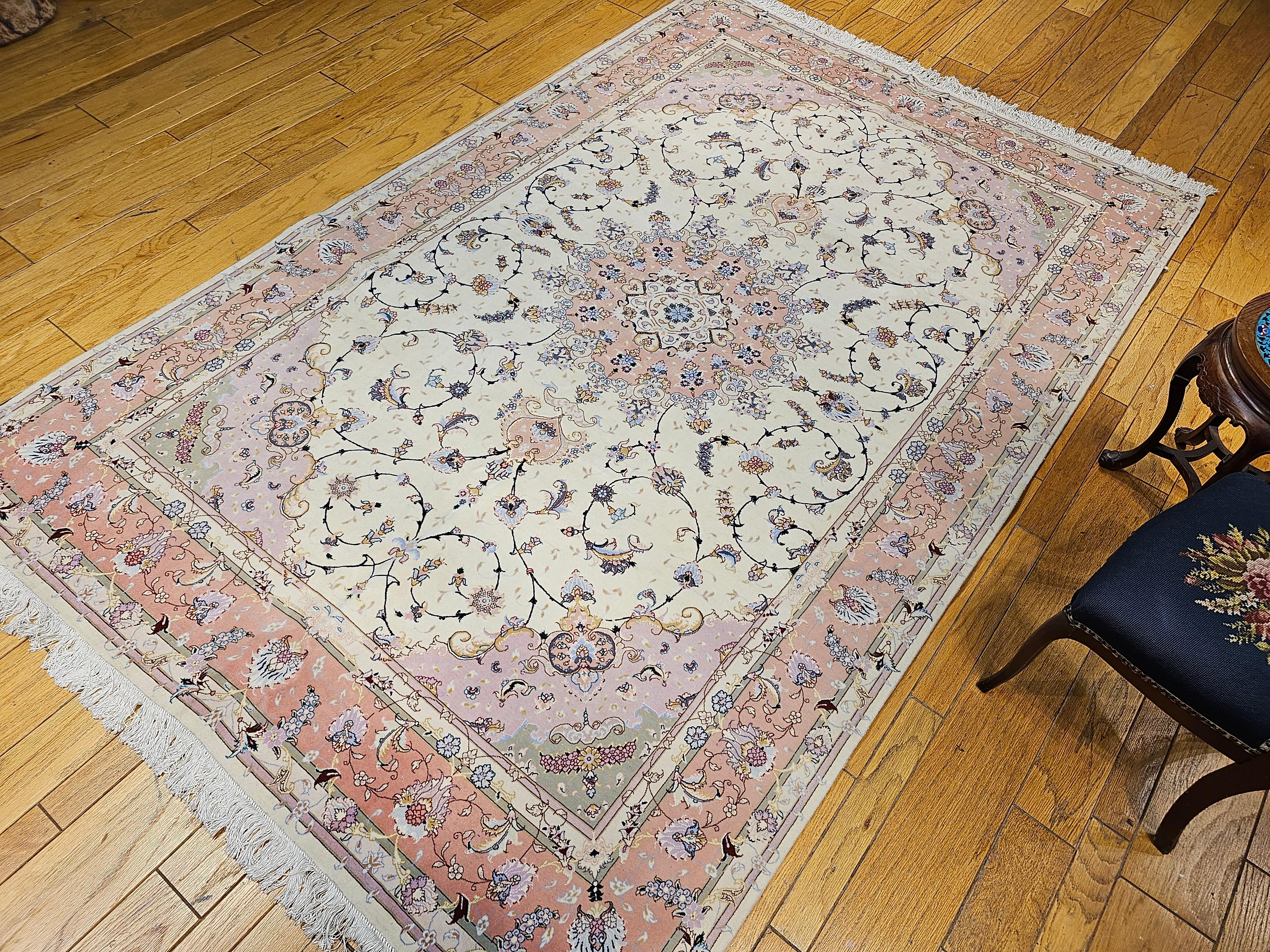 Persian Tabriz in Floral Pattern in Ivory, Pale Pink, Green, Baby Blue, Red For Sale 7