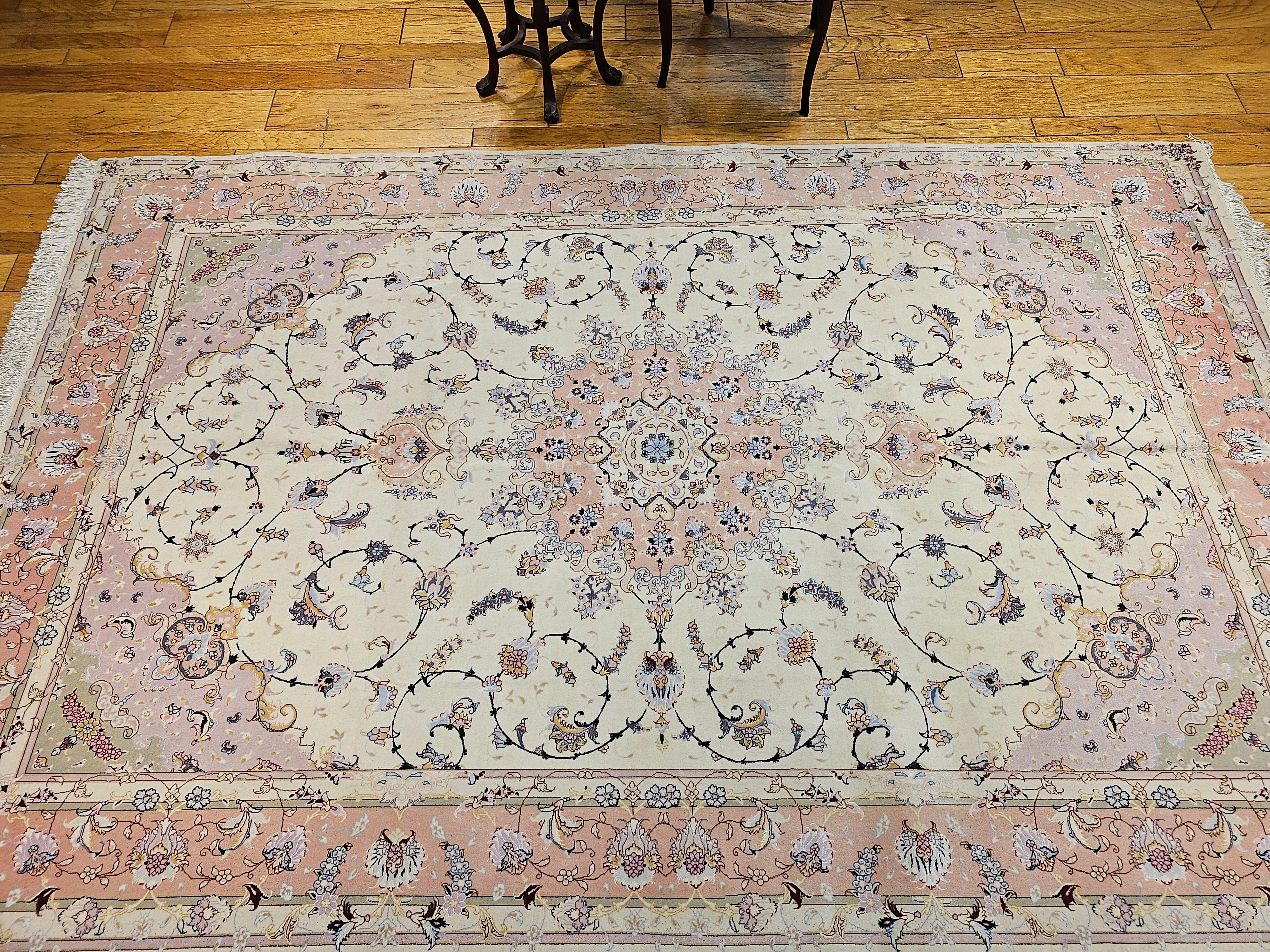 Persian Tabriz in Floral Pattern in Ivory, Pale Pink, Green, Baby Blue, Red For Sale 8