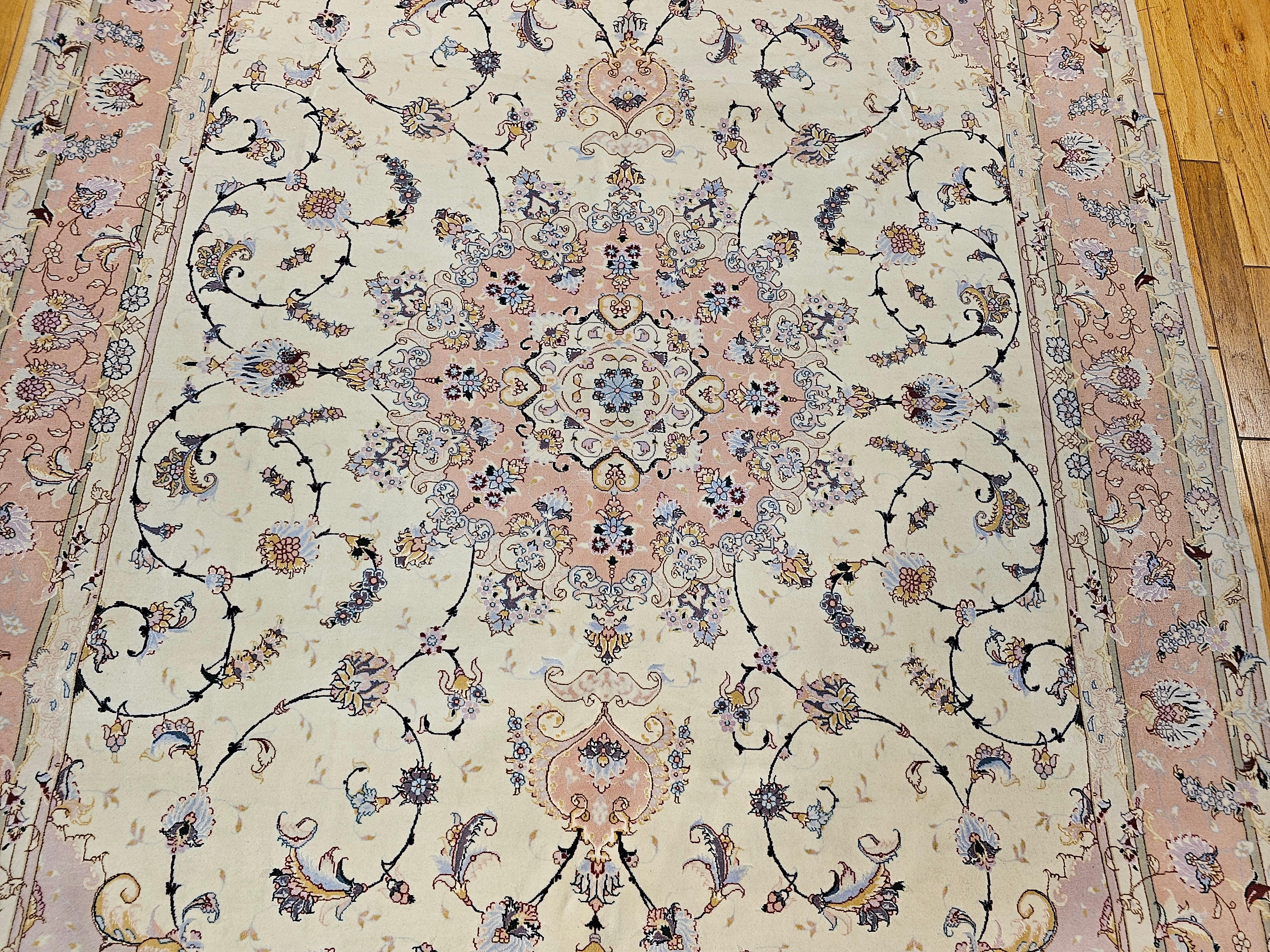 Persian Tabriz in Floral Pattern in Ivory, Pale Pink, Green, Baby Blue, Red In Excellent Condition For Sale In Barrington, IL