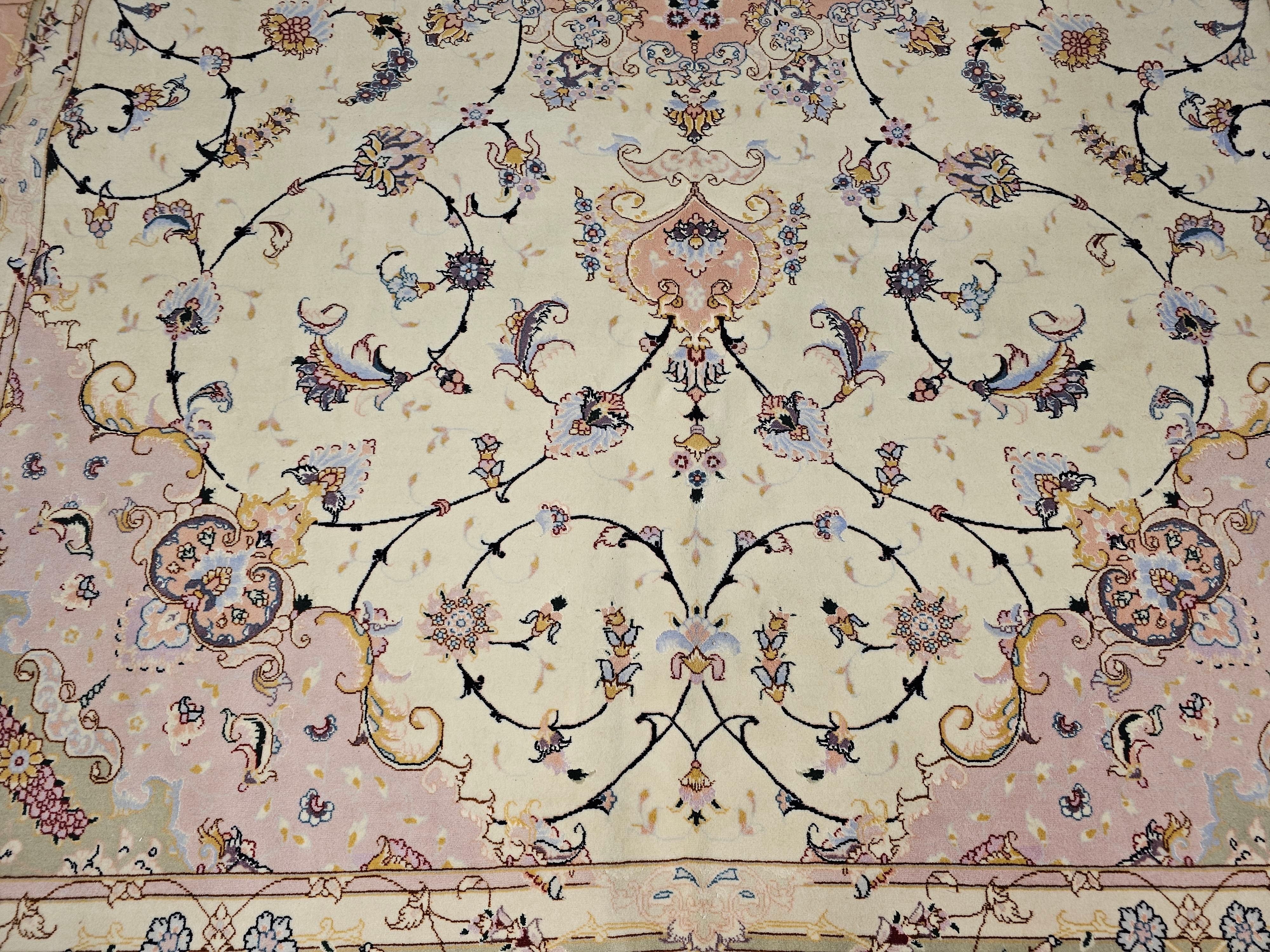 Wool Persian Tabriz in Floral Pattern in Ivory, Pale Pink, Green, Baby Blue, Red For Sale