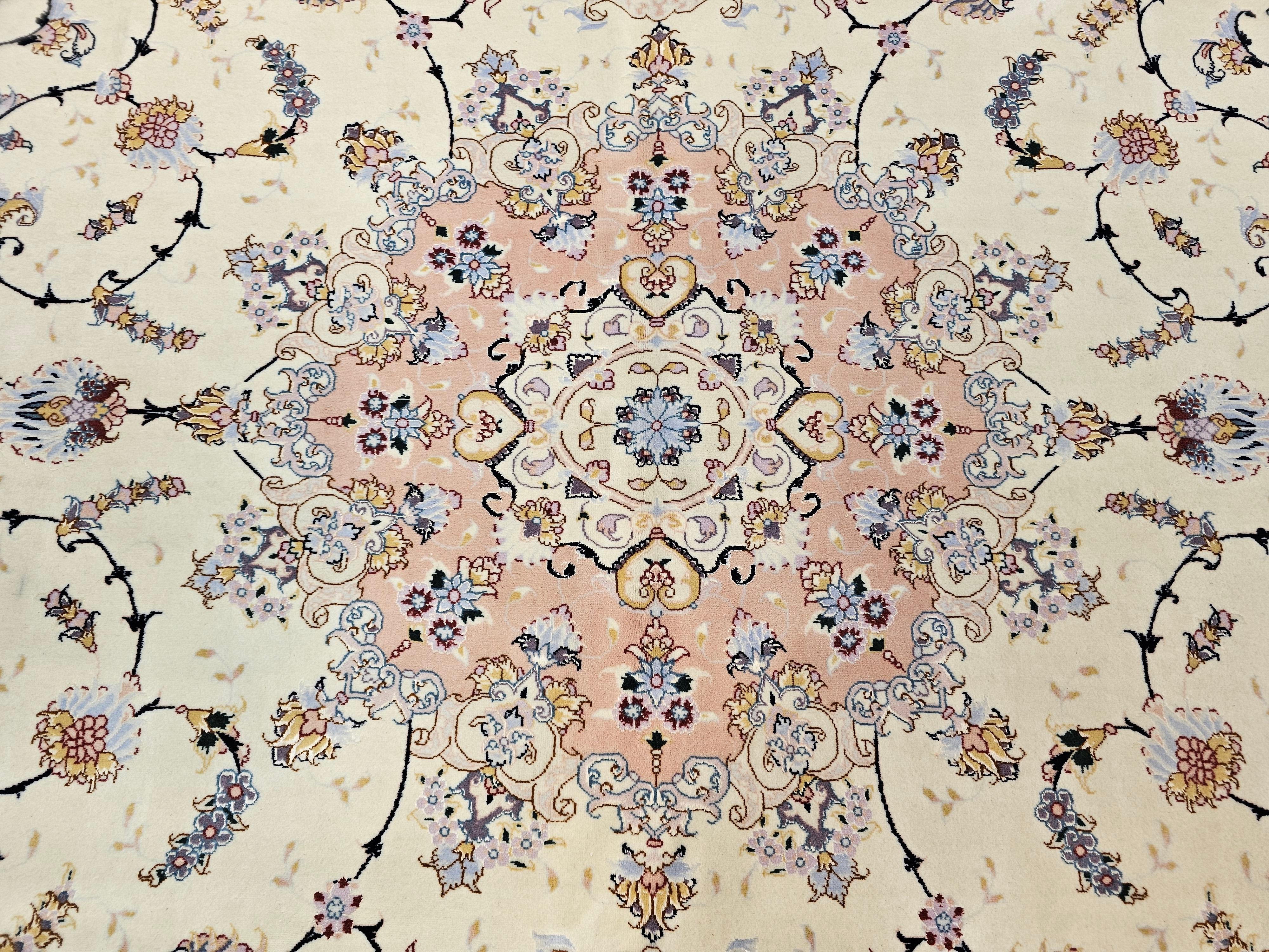 Persian Tabriz in Floral Pattern in Ivory, Pale Pink, Green, Baby Blue, Red For Sale 1