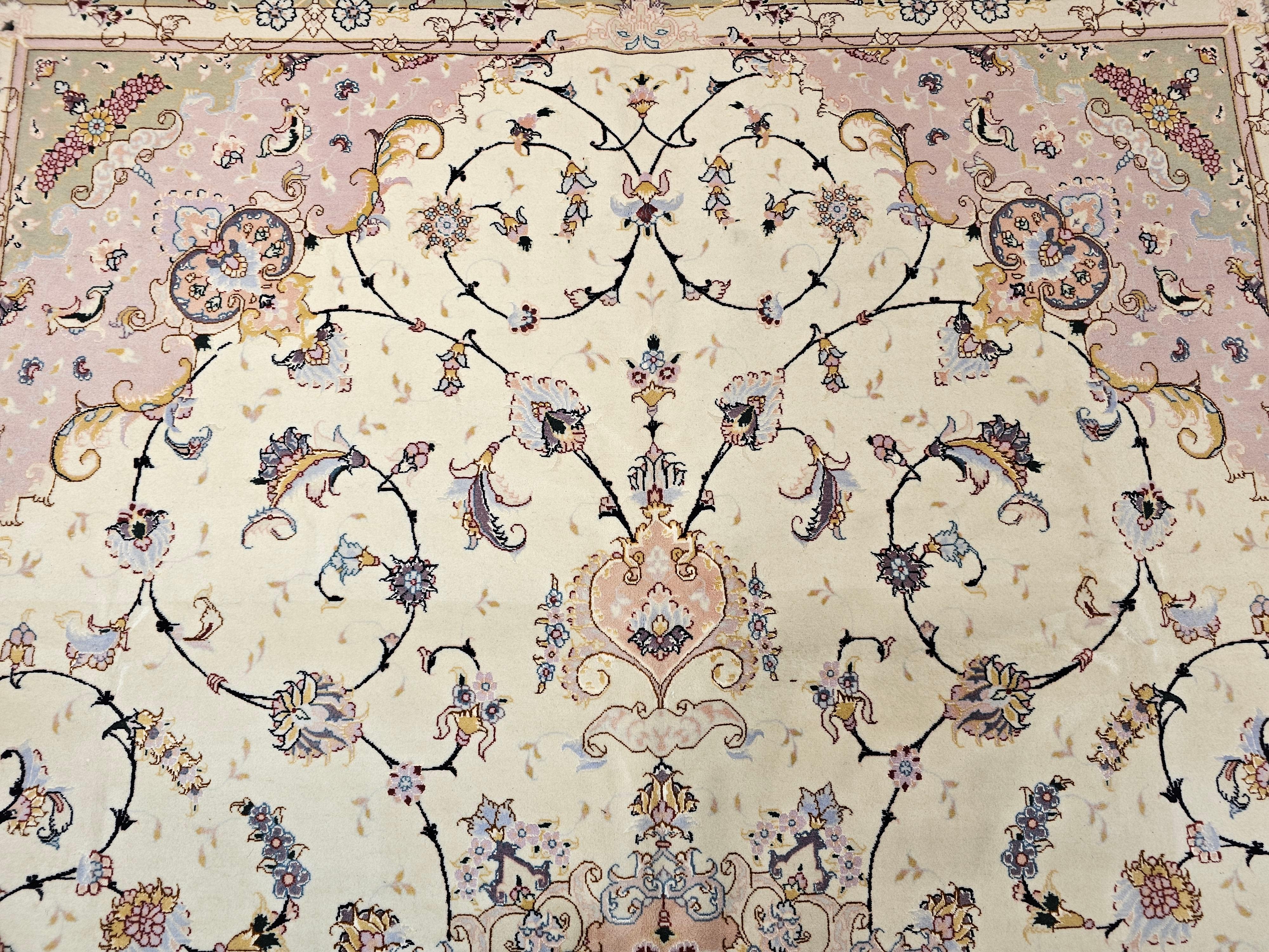 Persian Tabriz in Floral Pattern in Ivory, Pale Pink, Green, Baby Blue, Red For Sale 2