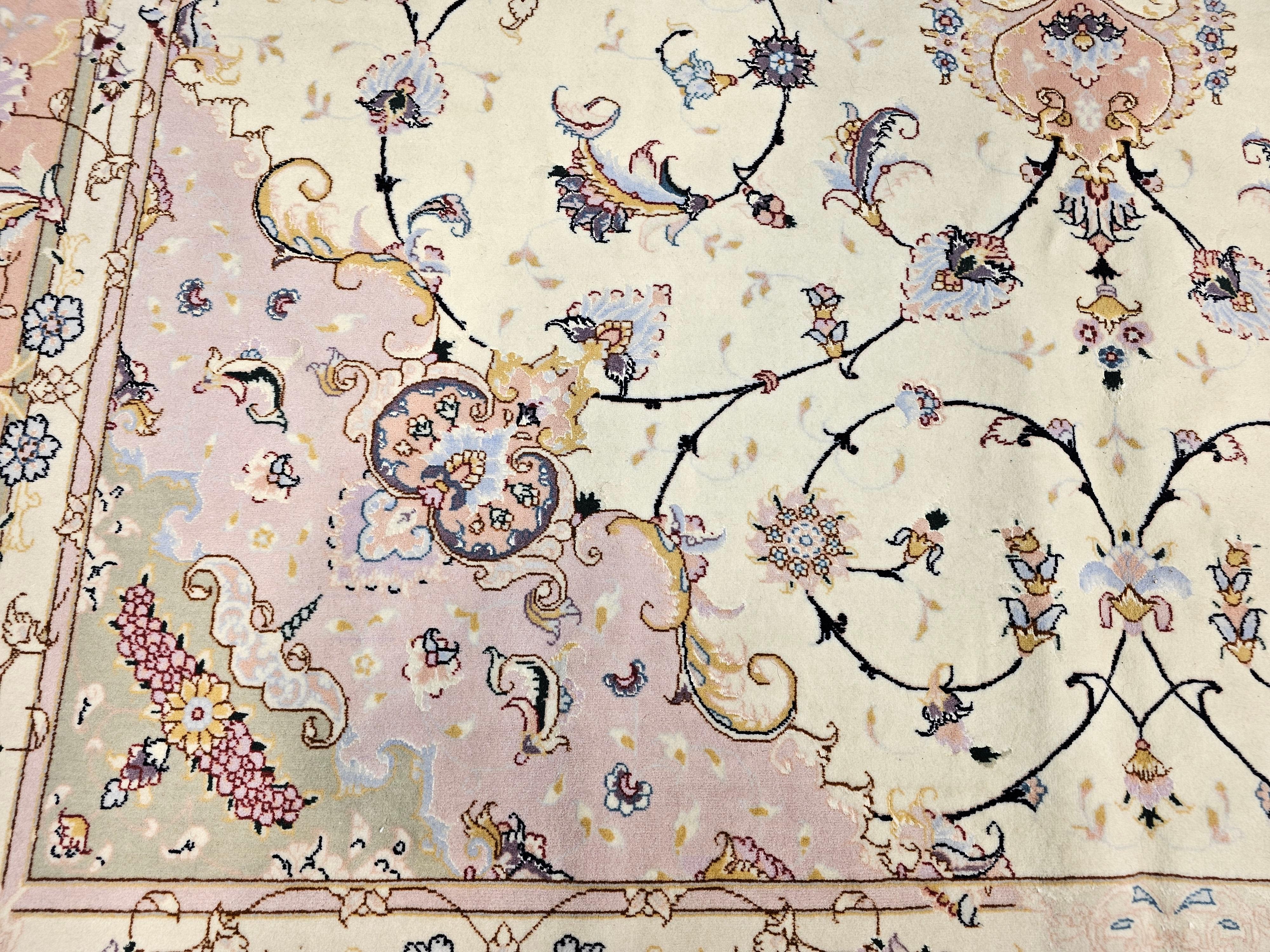 Persian Tabriz in Floral Pattern in Ivory, Pale Pink, Green, Baby Blue, Red For Sale 3