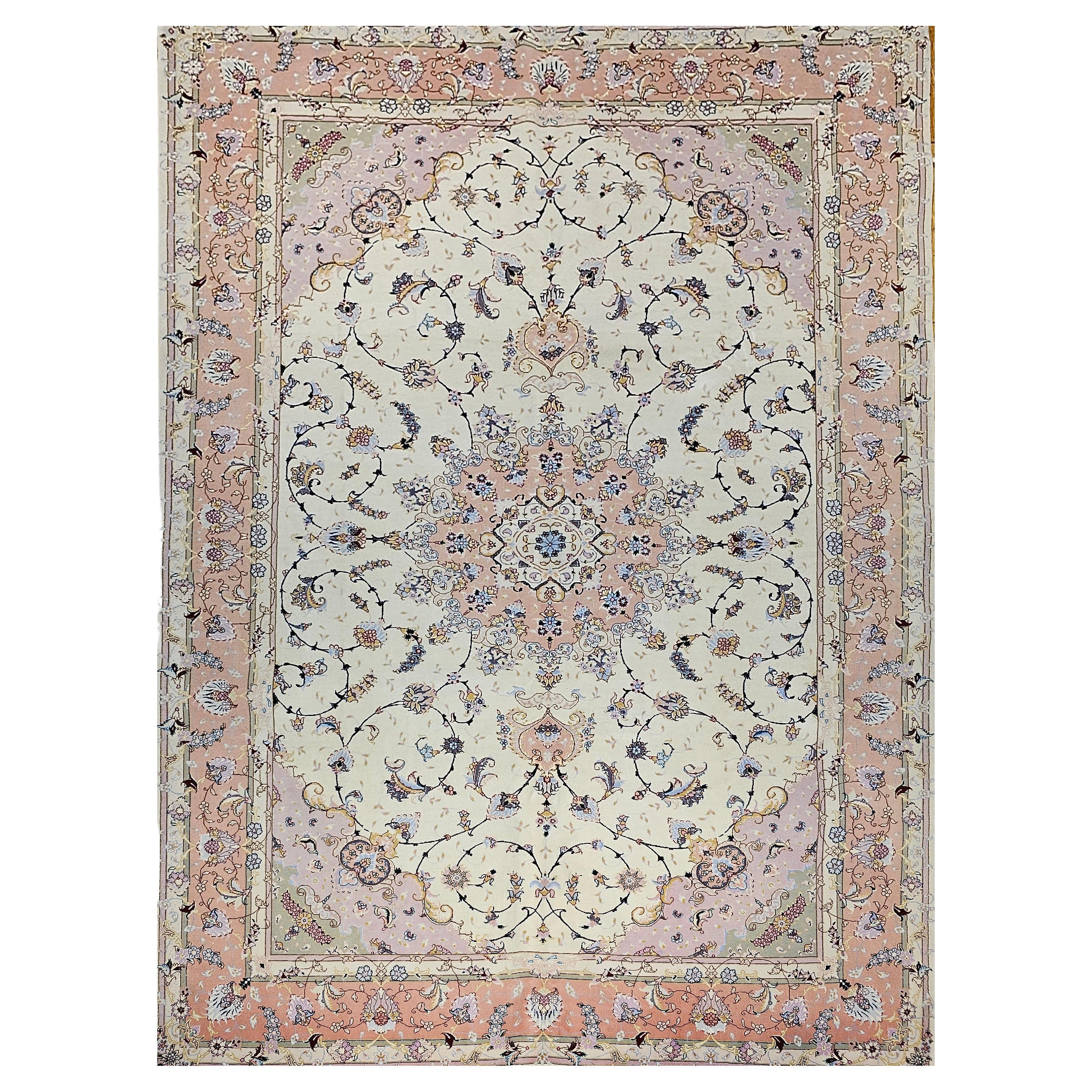 Persian Tabriz in Floral Pattern in Ivory, Pale Pink, Green, Baby Blue, Red