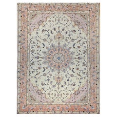 Persian Tabriz Rug with Floral Pattern in Ivory, Pale Pink, Green, Blue