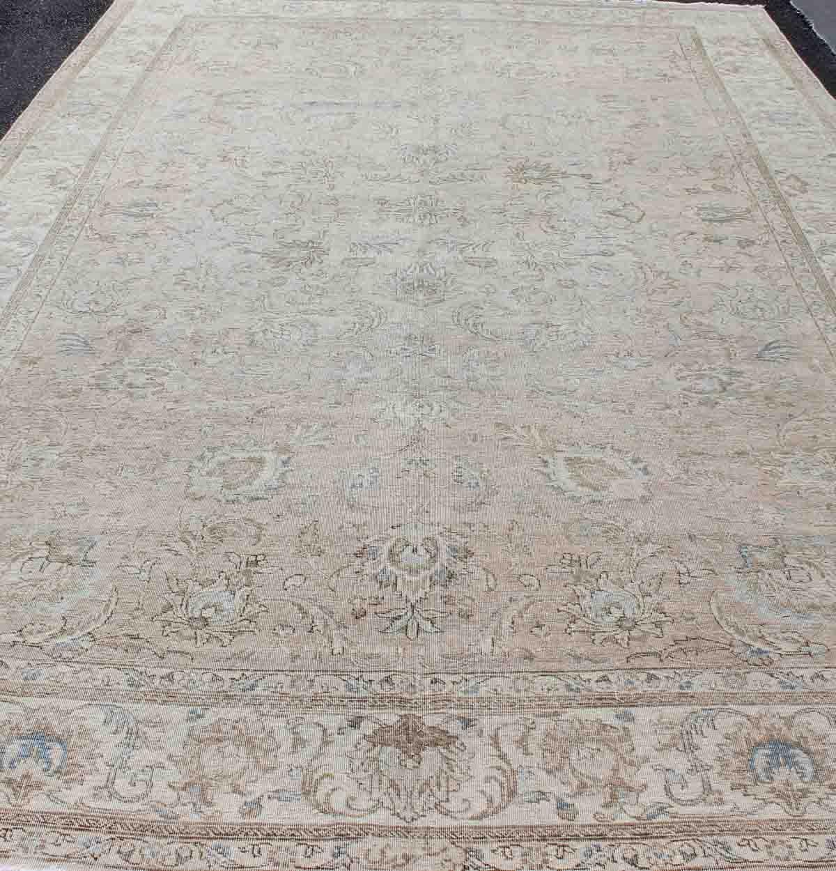 Persian Tabriz Long Rug with Floral Design in Ivory, Blue, Blush, Brown For Sale 4