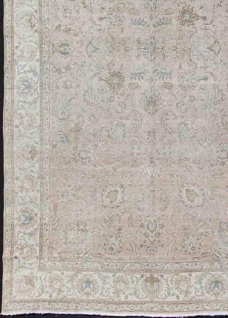 Persian Tabriz Long Rug with Floral Design in Ivory, Blue, Blush, Brown. Vintage/Semi Antique Persian Tabriz rug with all-over floral design in ivory, blush, brown, light blue. Keivan Woven Arts /  rug rm-k27550, country of origin / type: Iran /