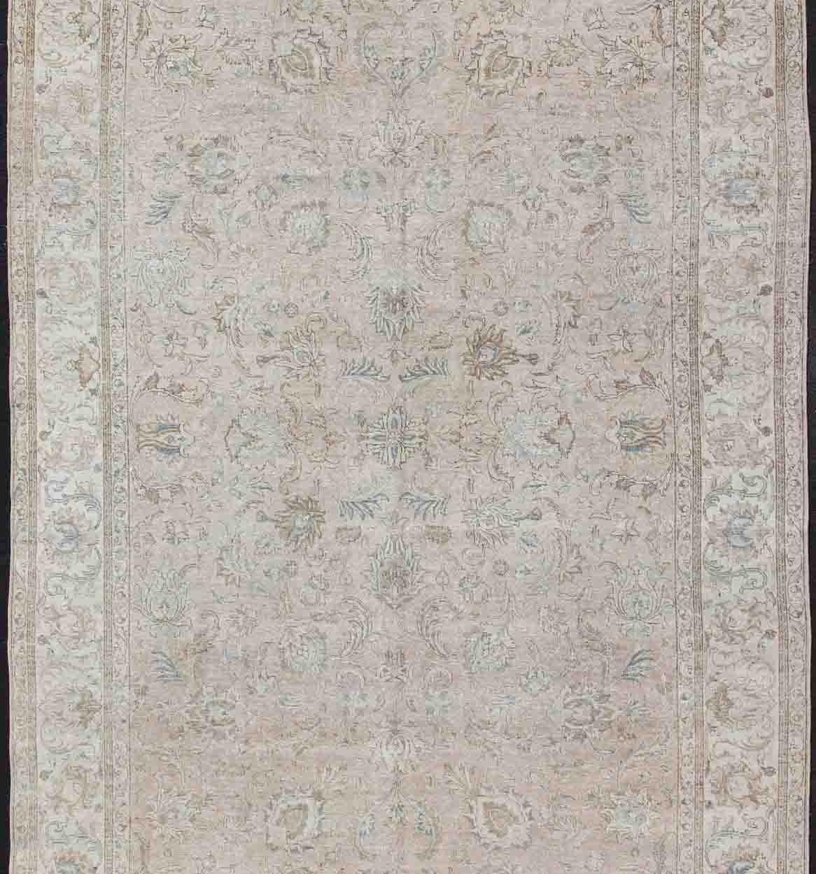 Hand-Knotted Persian Tabriz Long Rug with Floral Design in Ivory, Blue, Blush, Brown For Sale