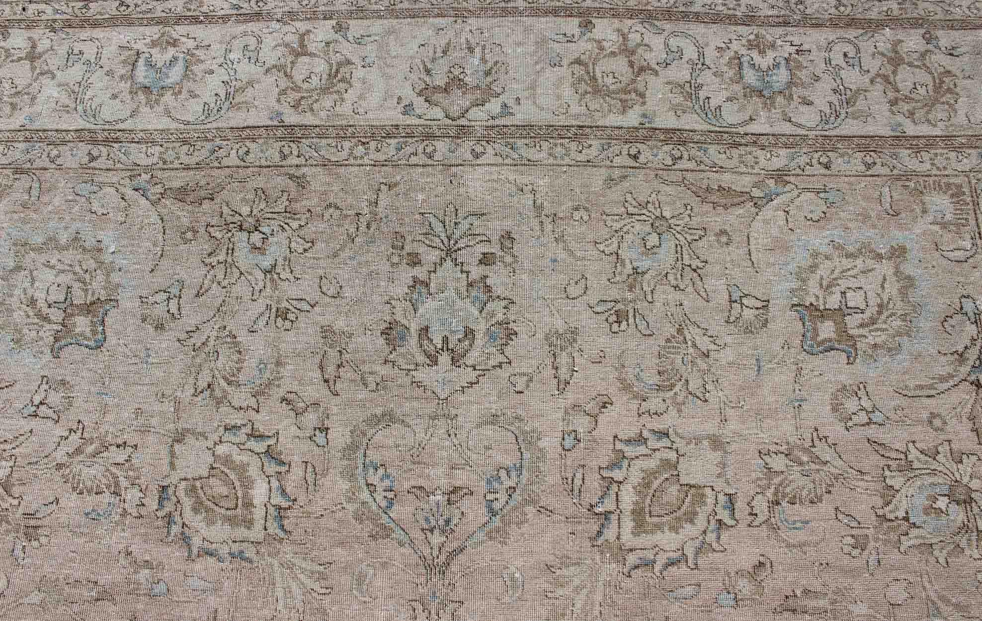 Mid-20th Century Persian Tabriz Long Rug with Floral Design in Ivory, Blue, Blush, Brown For Sale