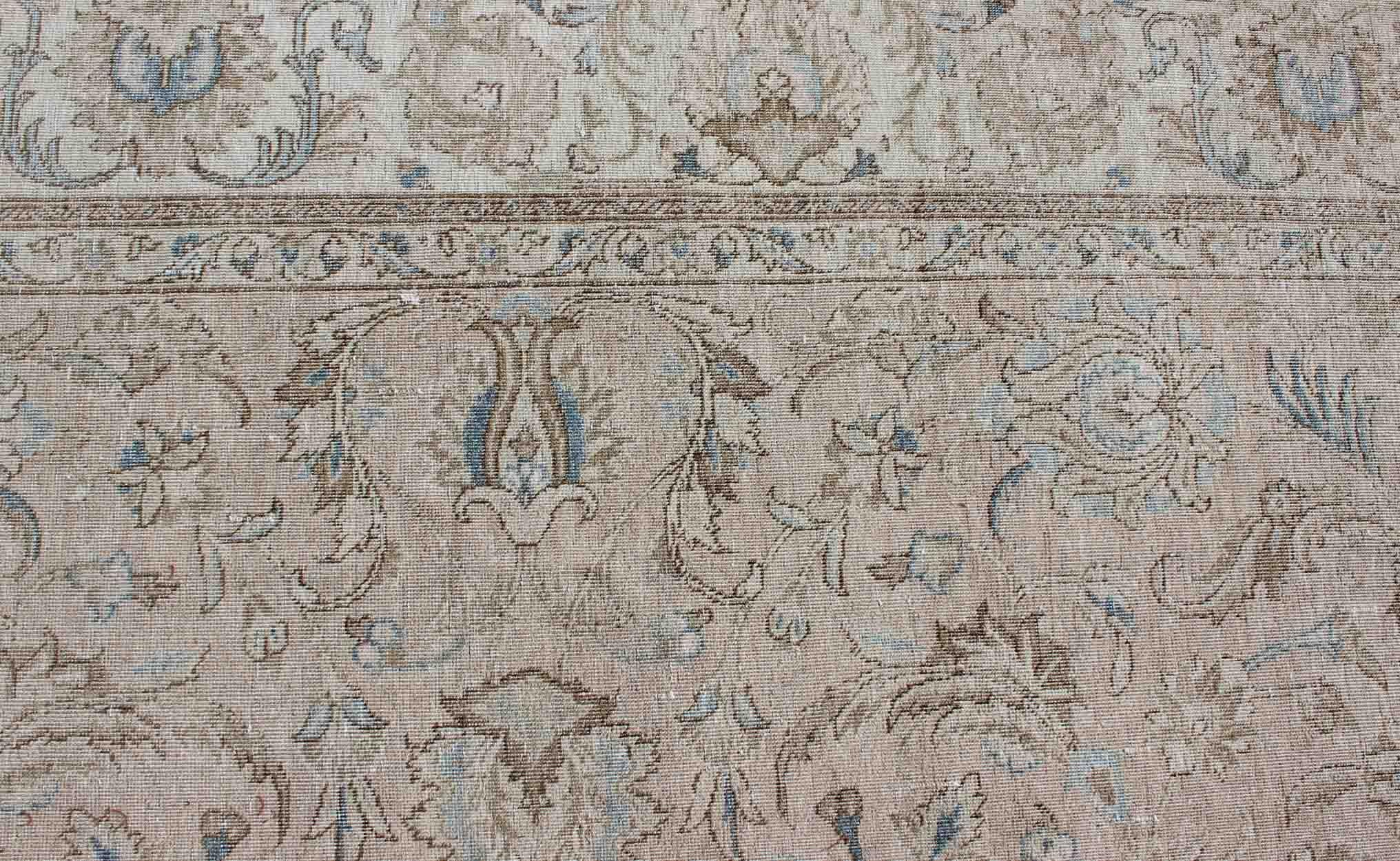 Wool Persian Tabriz Long Rug with Floral Design in Ivory, Blue, Blush, Brown For Sale