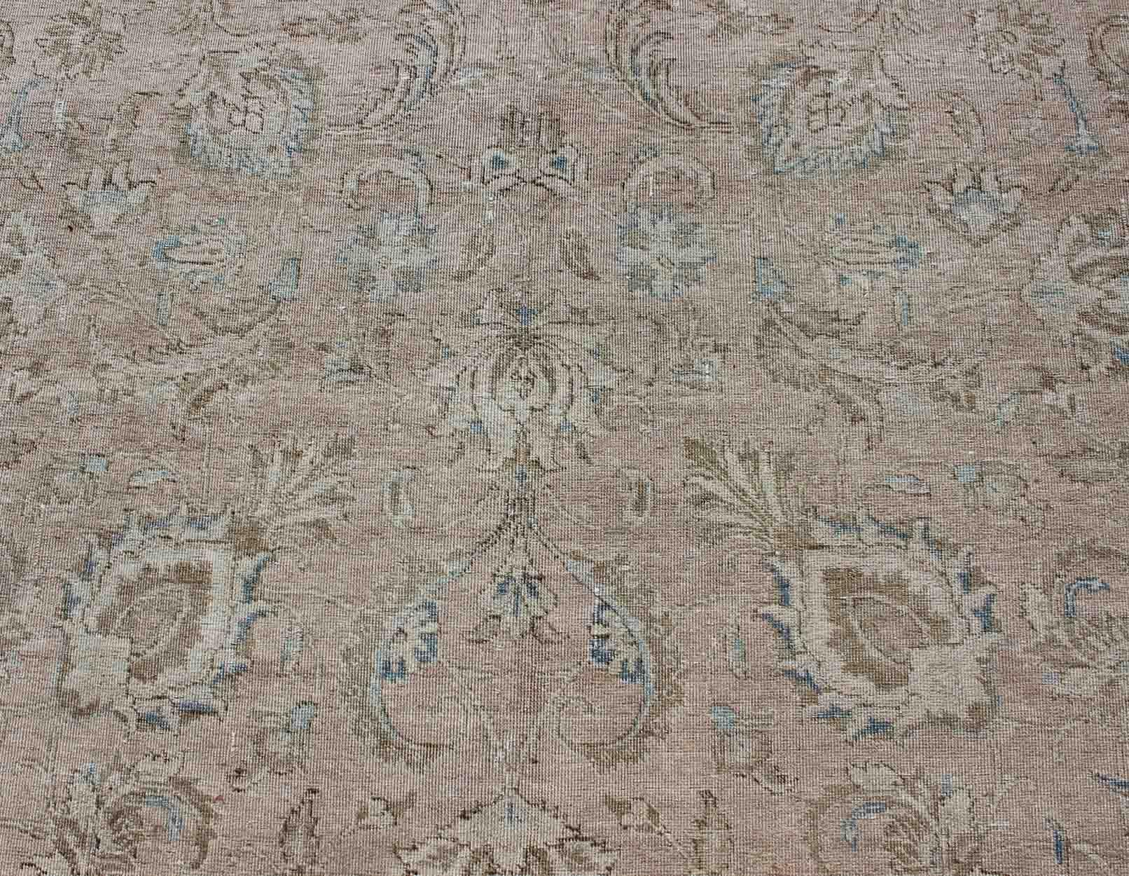 Persian Tabriz Long Rug with Floral Design in Ivory, Blue, Blush, Brown For Sale 1