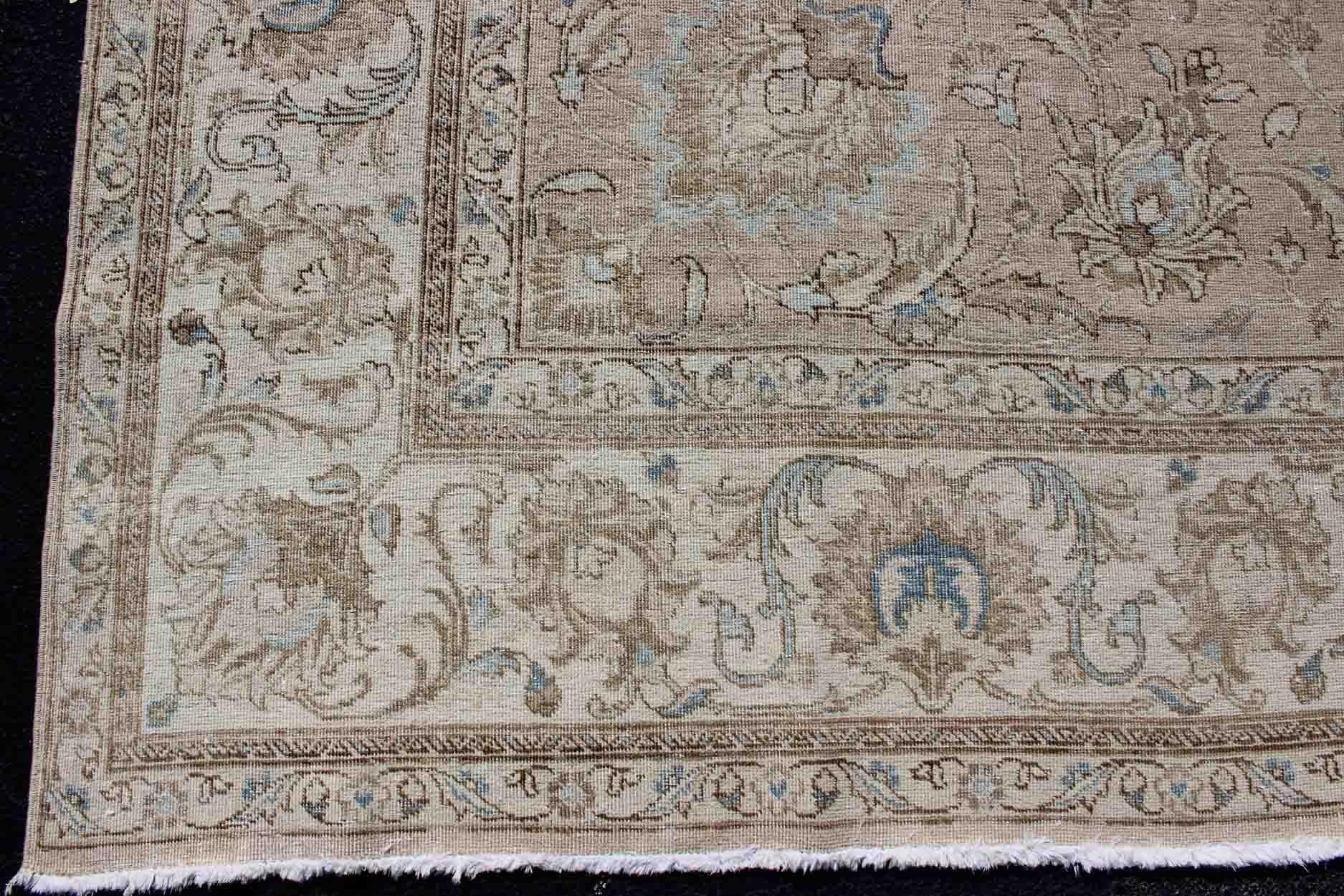 Persian Tabriz Long Rug with Floral Design in Ivory, Blue, Blush, Brown For Sale 2