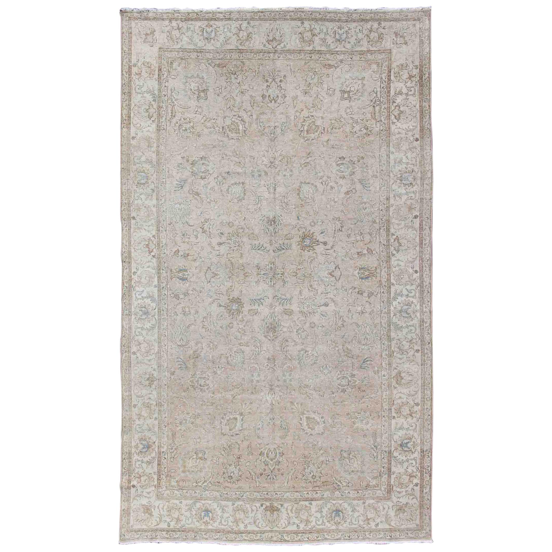 Persian Tabriz Long Rug with Floral Design in Ivory, Blue, Blush, Brown For Sale