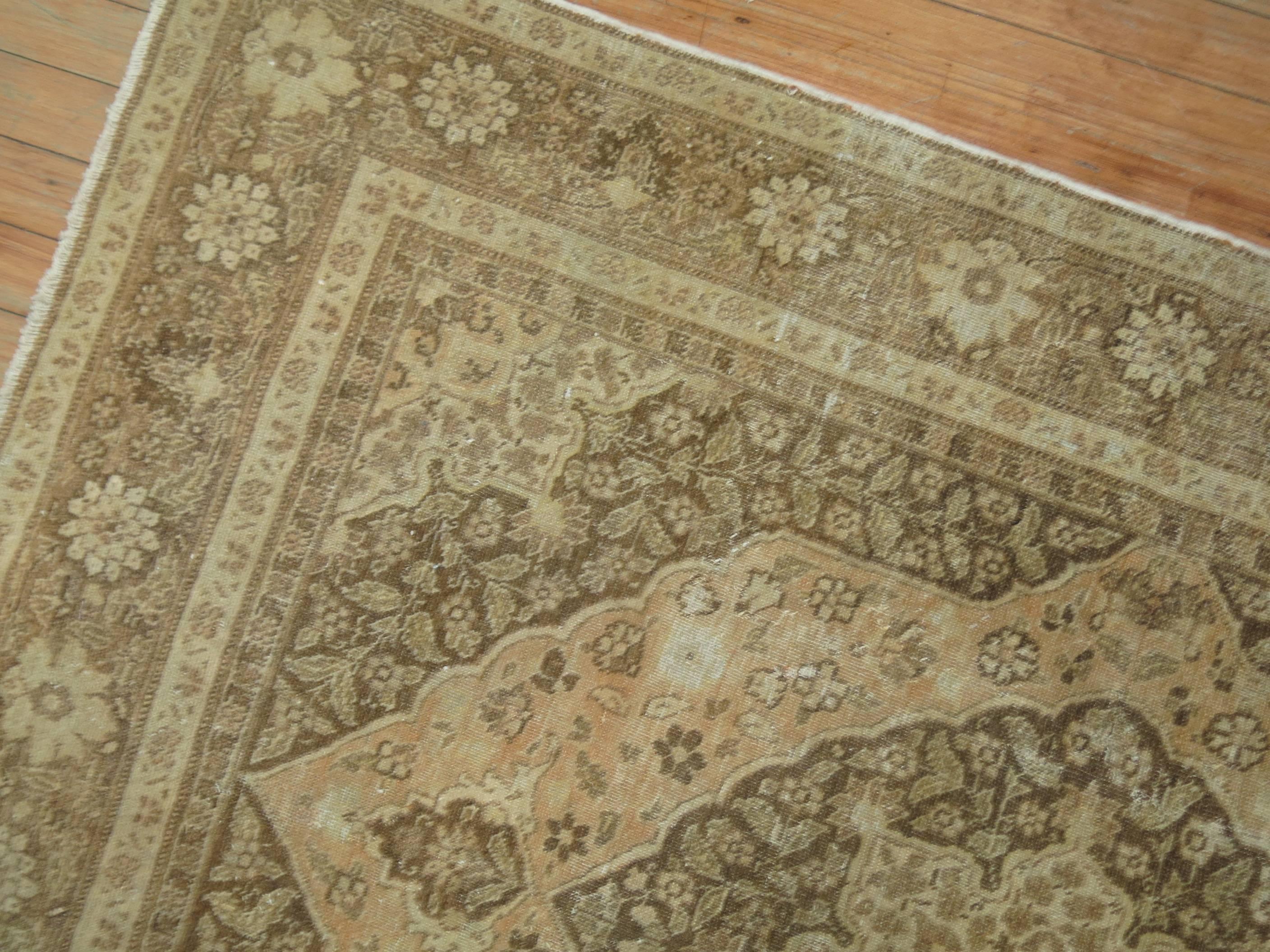 Hand-Knotted Brown Peach Antique Persian Tabriz Throw Rug