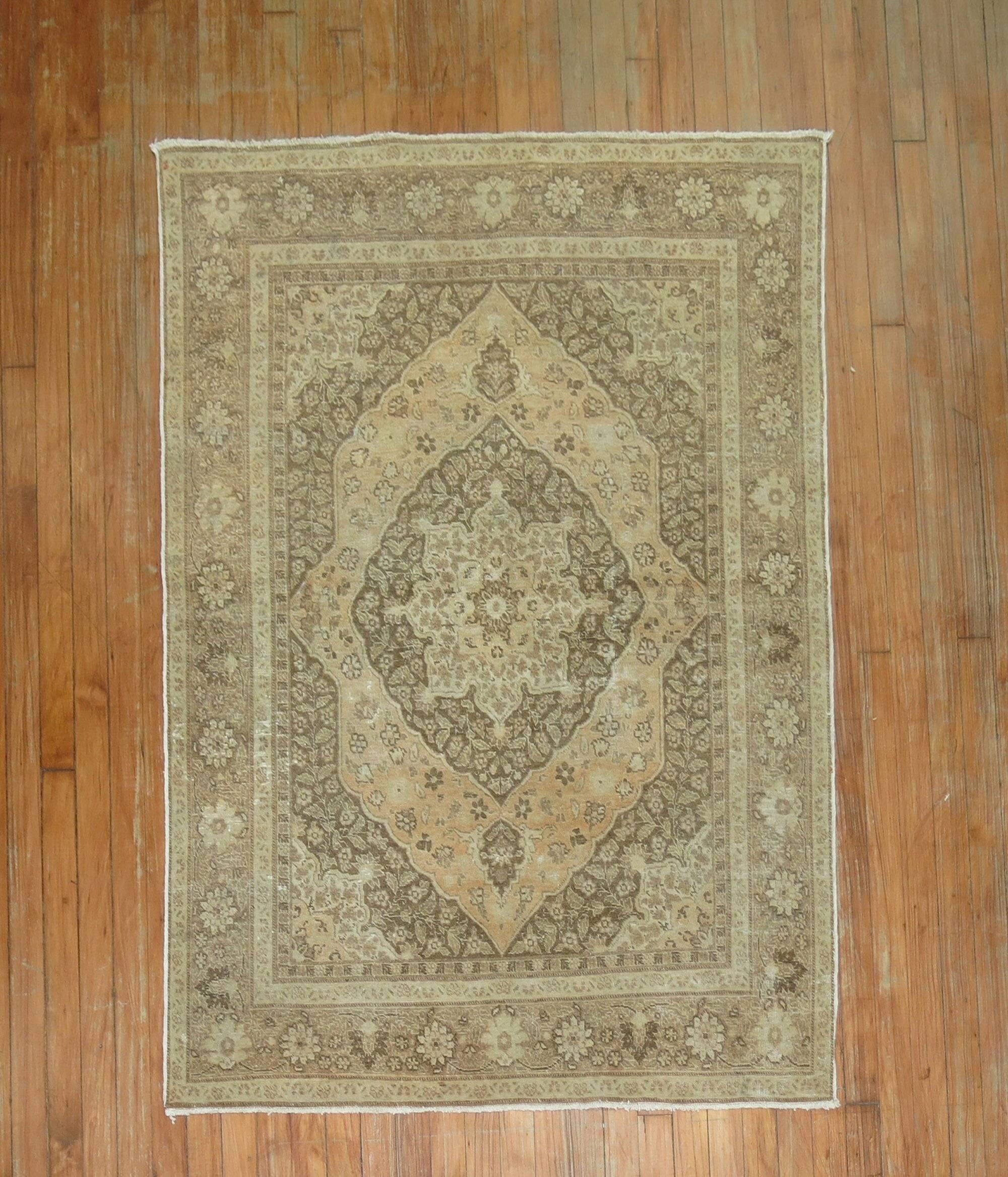Brown Peach Antique Persian Tabriz Throw Rug In Good Condition In New York, NY