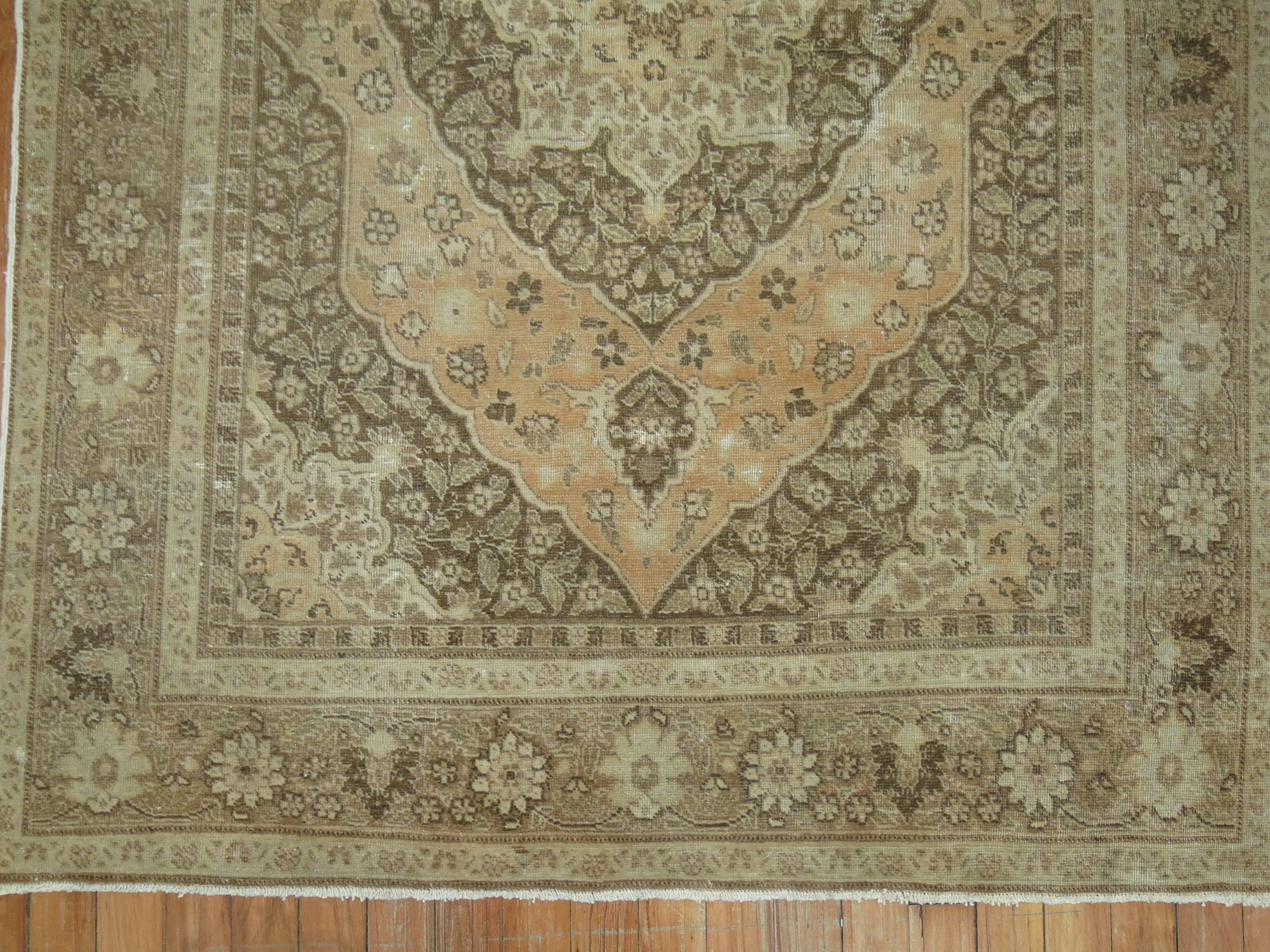 Wool Brown Peach Antique Persian Tabriz Throw Rug