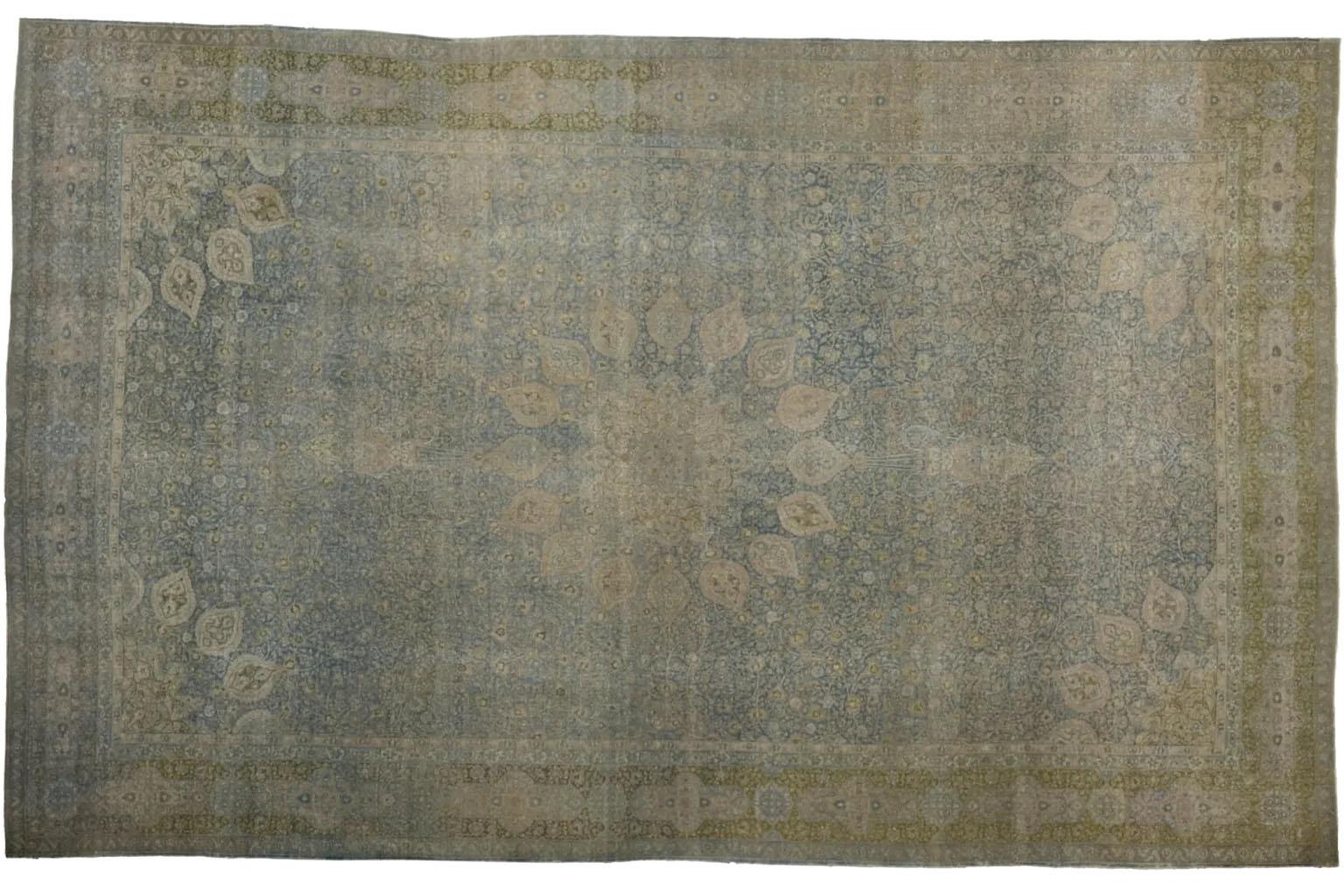 Hand-Knotted Persian Tabriz Over Size Rug - Blue Green Taupe Design For Sale