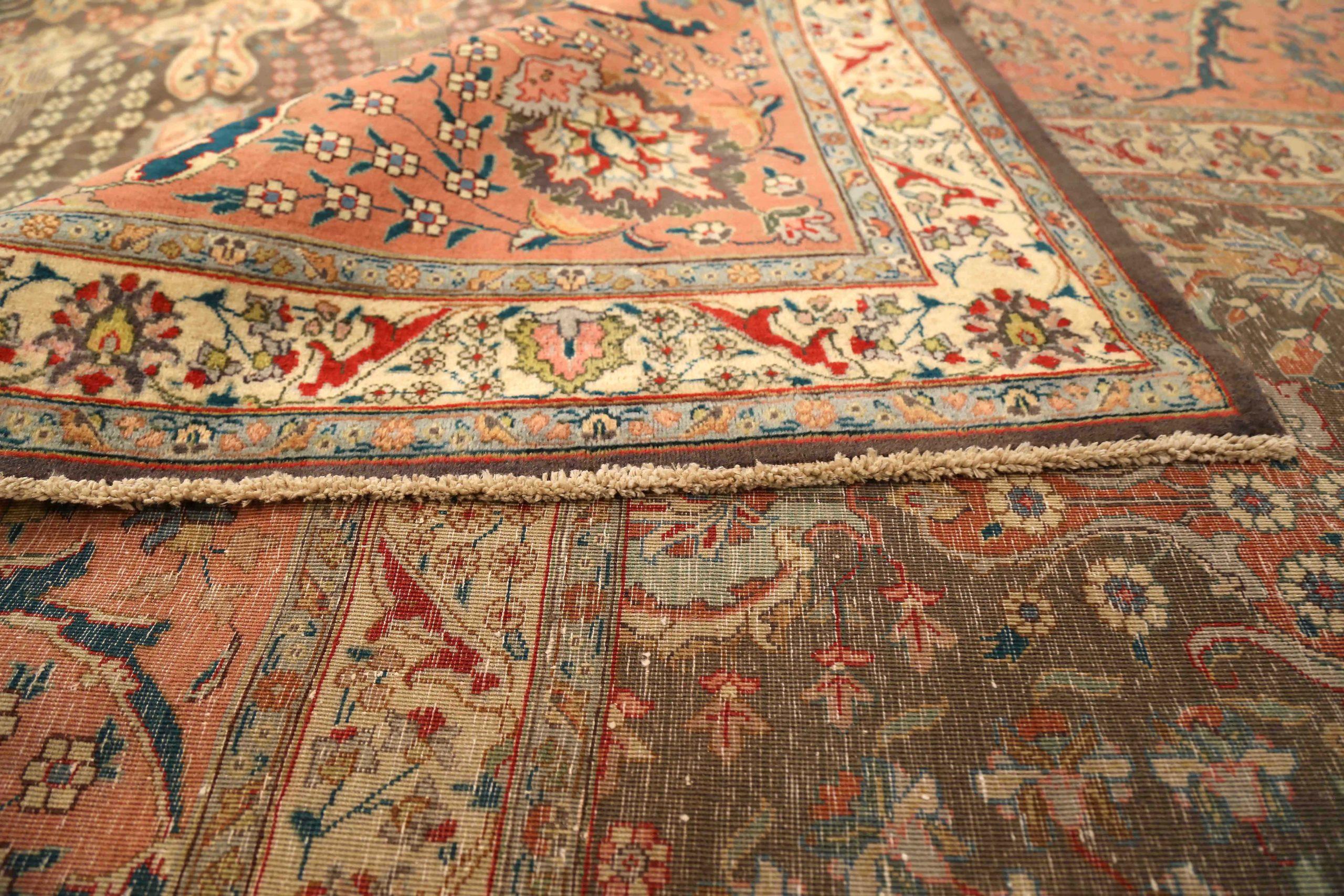 Persische Tabriz Over Size Teppich CIRCA 1880 - Wolle Brown Elfenbein Rosa 73466 im Zustand „Hervorragend“ im Angebot in Dallas, TX
