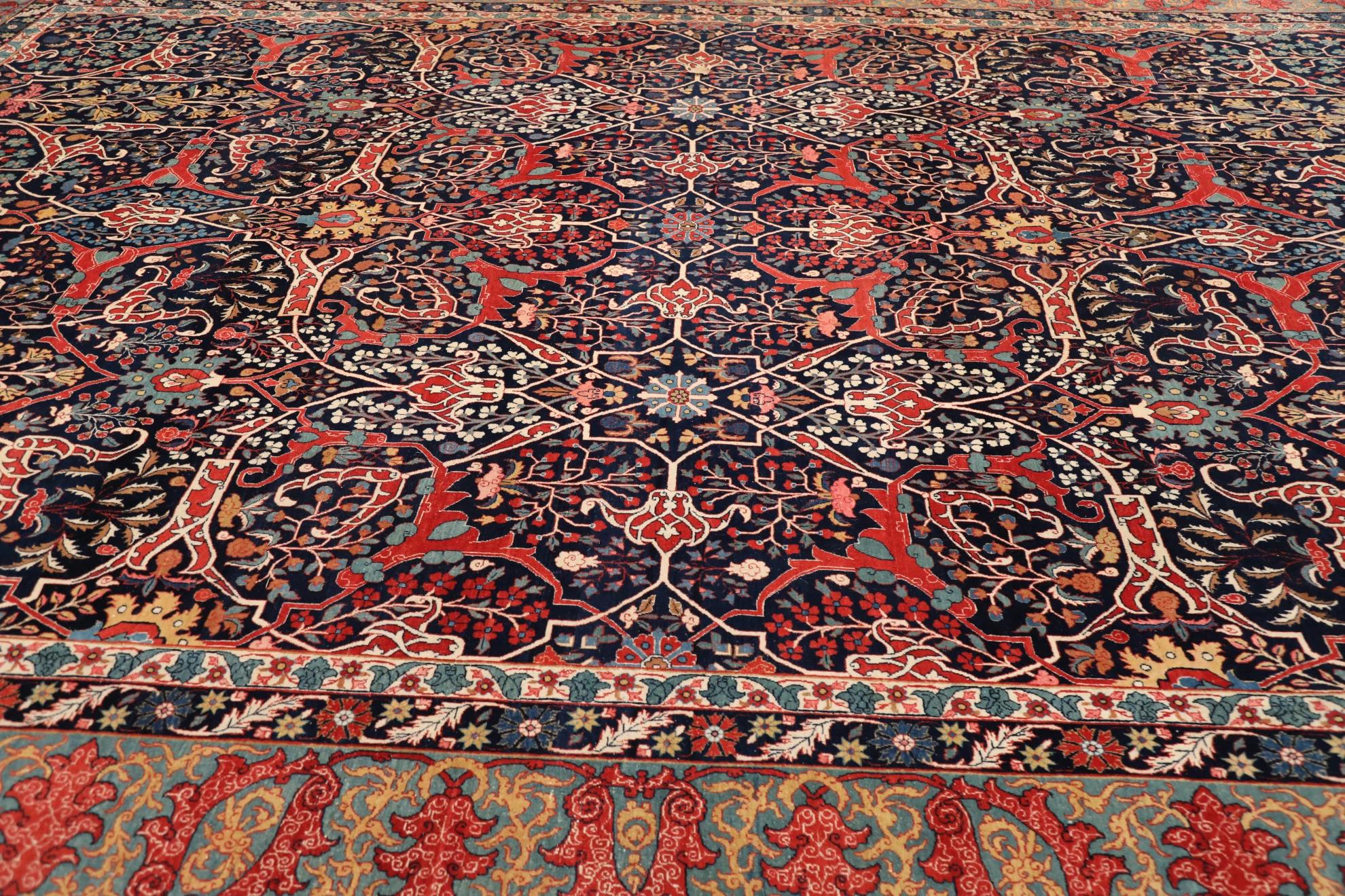 Hand-Knotted Antique Persian Tabriz Rug Circa 1910 - Wool Blue Ivory Navy Blue Red - 99579 For Sale