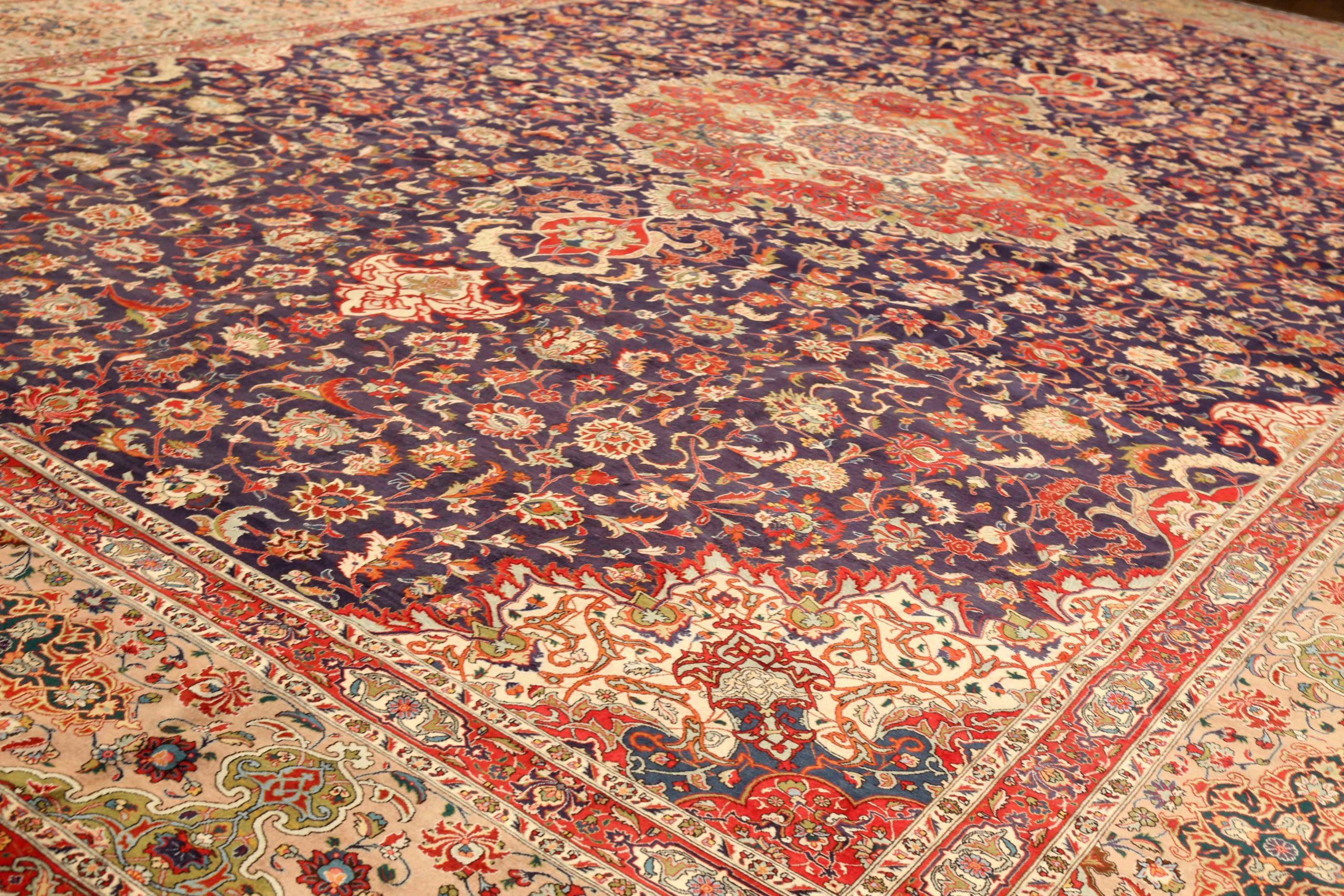 Tappeto Persiano Tabriz Over Size Circa 1910 - Lana Avorio Blu Navy Rosso 73975 In condizioni ottime in vendita a Dallas, TX