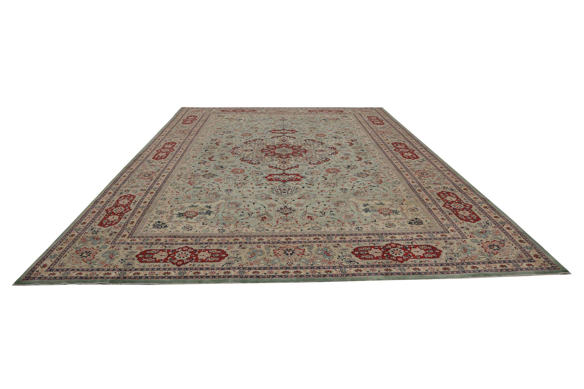Irakien Tapis persan Tabriz Over Size - Design en laine vert ivoire - 97247 en vente